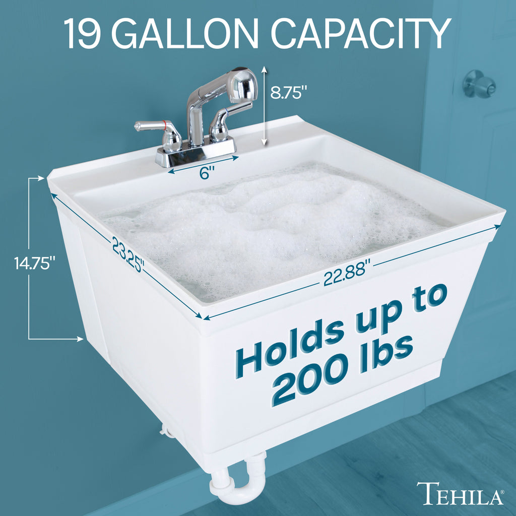 Tehila Standard Wall-Mounted White Utility Sink with Chrome Finish Pull-Out Faucet