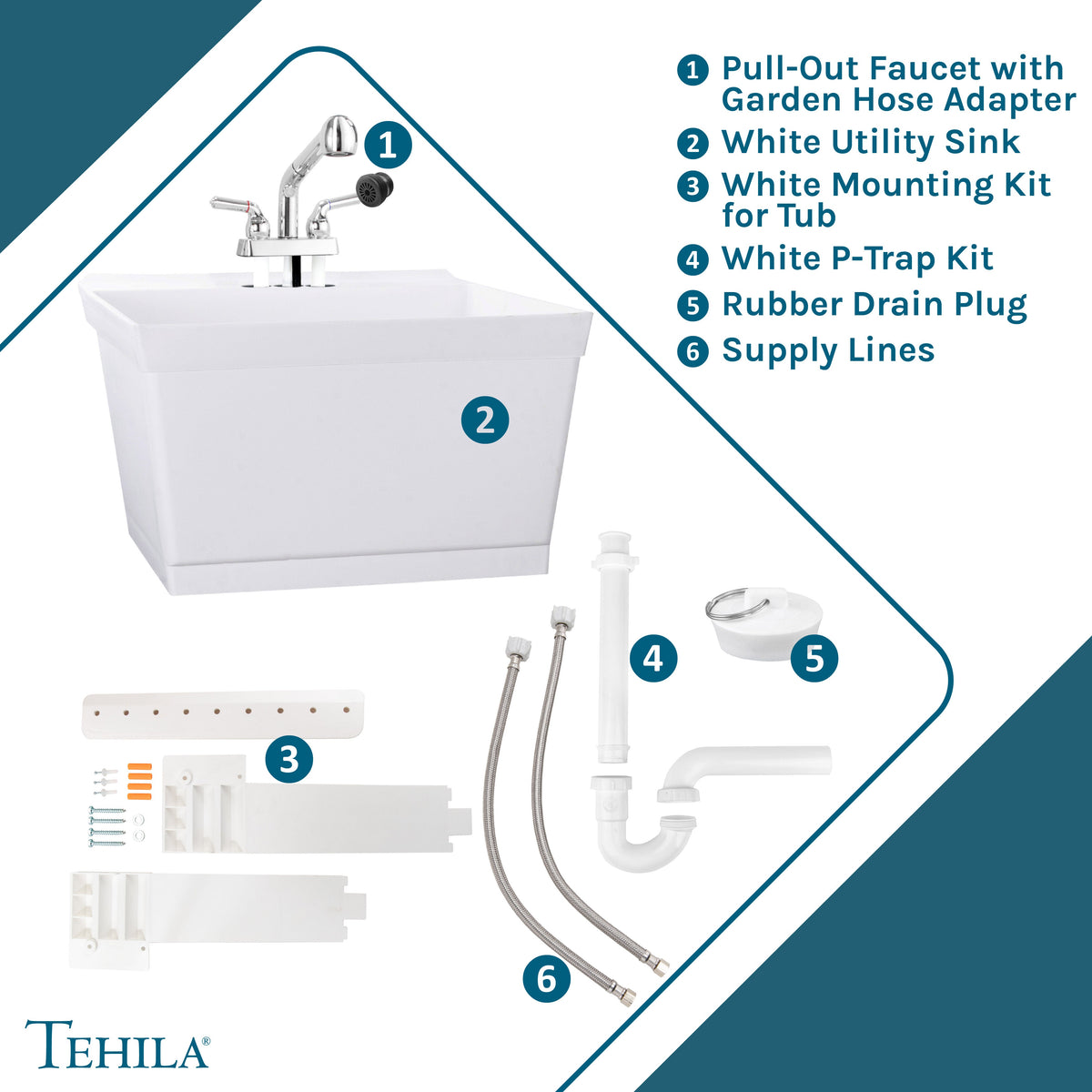 Tehila Standard Wall-Mounted White Utility Sink with Chrome Finish Pull-Out Faucet