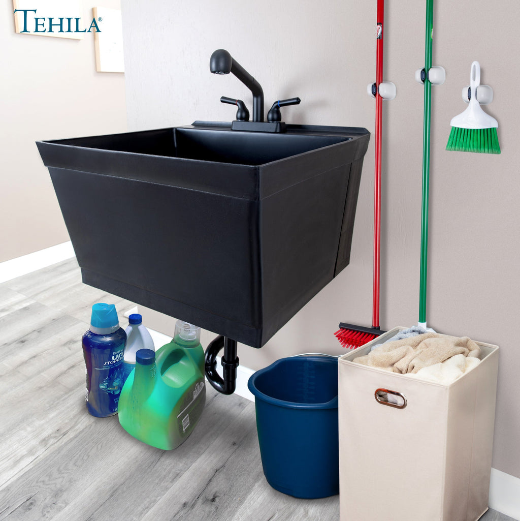 Tehila Standard Wall-Mounted Black Utility Sink with Black Finish Pull-Out Faucet