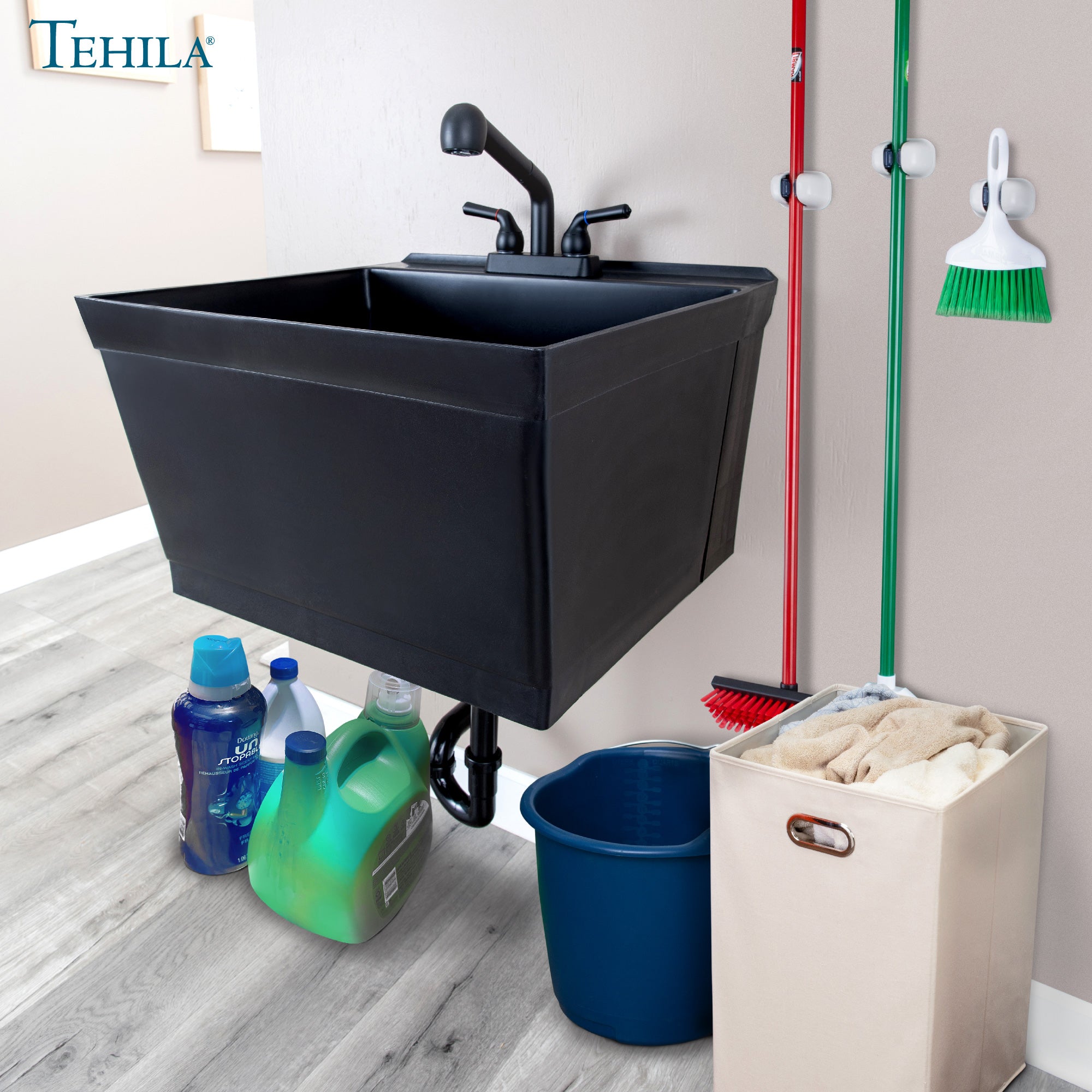 Tehila Standard Wall-Mounted Black Utility Sink with Black Finish Pull-Out Faucet