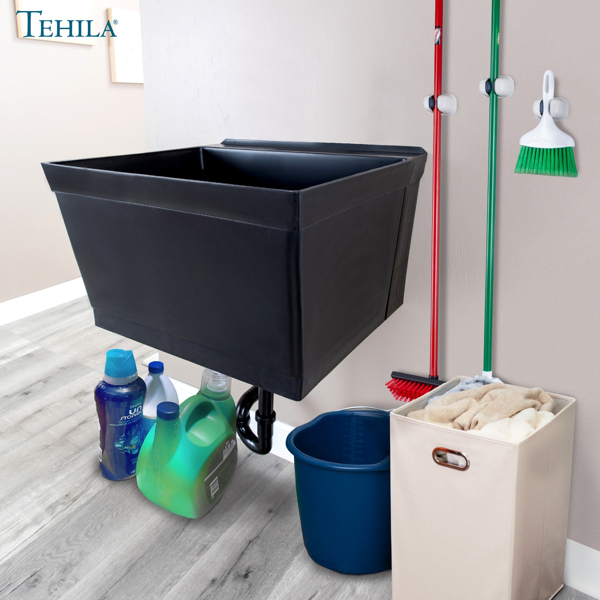 Tehila Standard Wall-Mounted Black Utility Sink, No Supply Lines