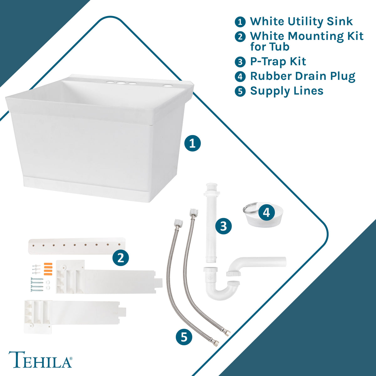 Tehila Standard Wall-Mounted White Utility Sink, Water Supply Lines Included