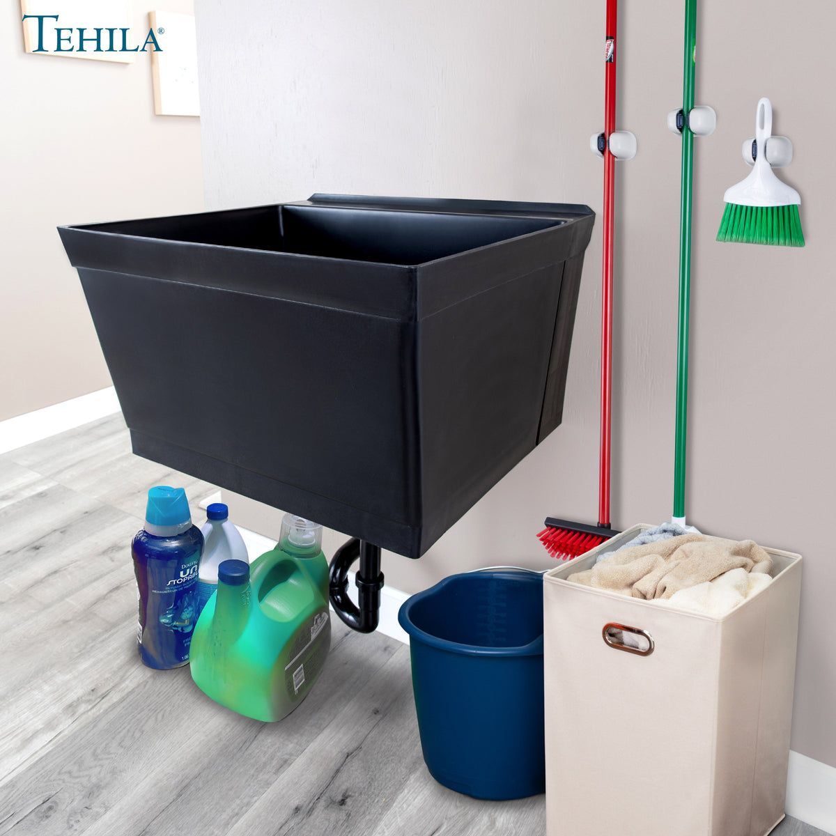 Tehila Standard Wall-Mounted Black Utility Sink, Water Supply Lines Included