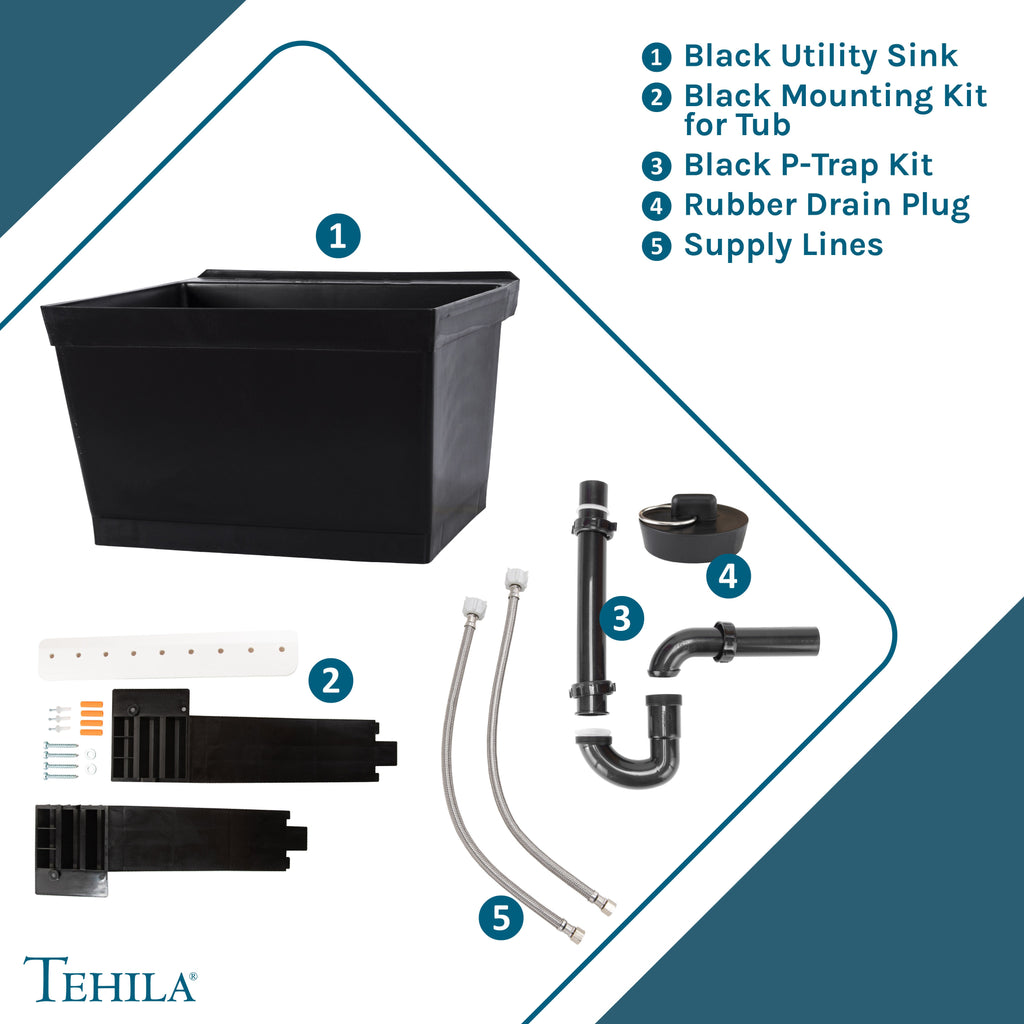 Tehila Standard Wall-Mounted Black Utility Sink, Water Supply Lines Included