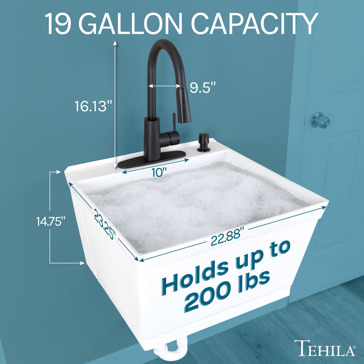Tehila Standard Wall-Mounted White Utility Sink with Black Finish Pull-Down Faucet