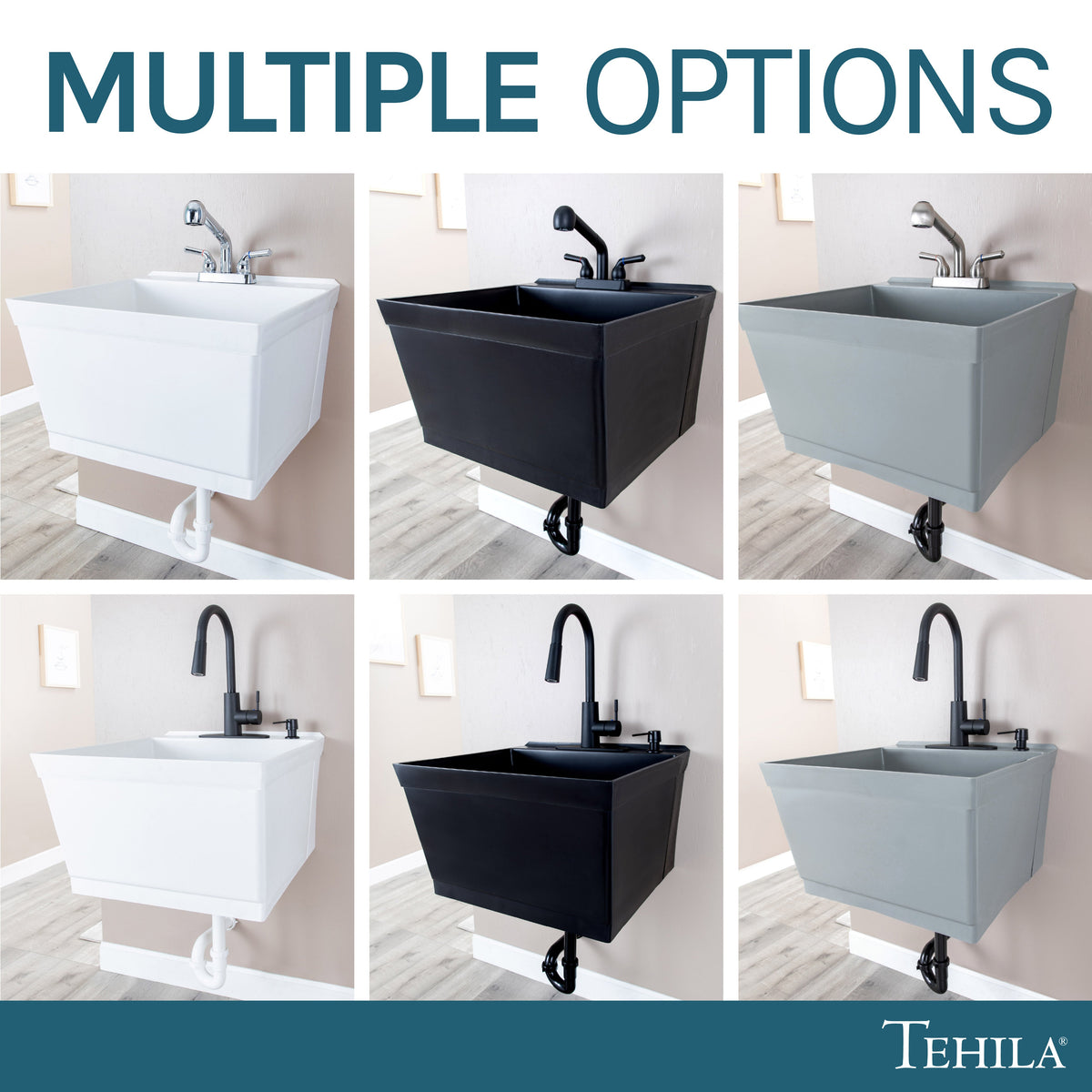 Tehila Standard Wall-Mounted White Utility Sink with Black Finish Pull-Down Faucet