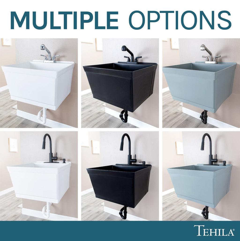Tehila Standard Wall-Mounted Black Utility Sink with Black Finish Pull-Down Faucet