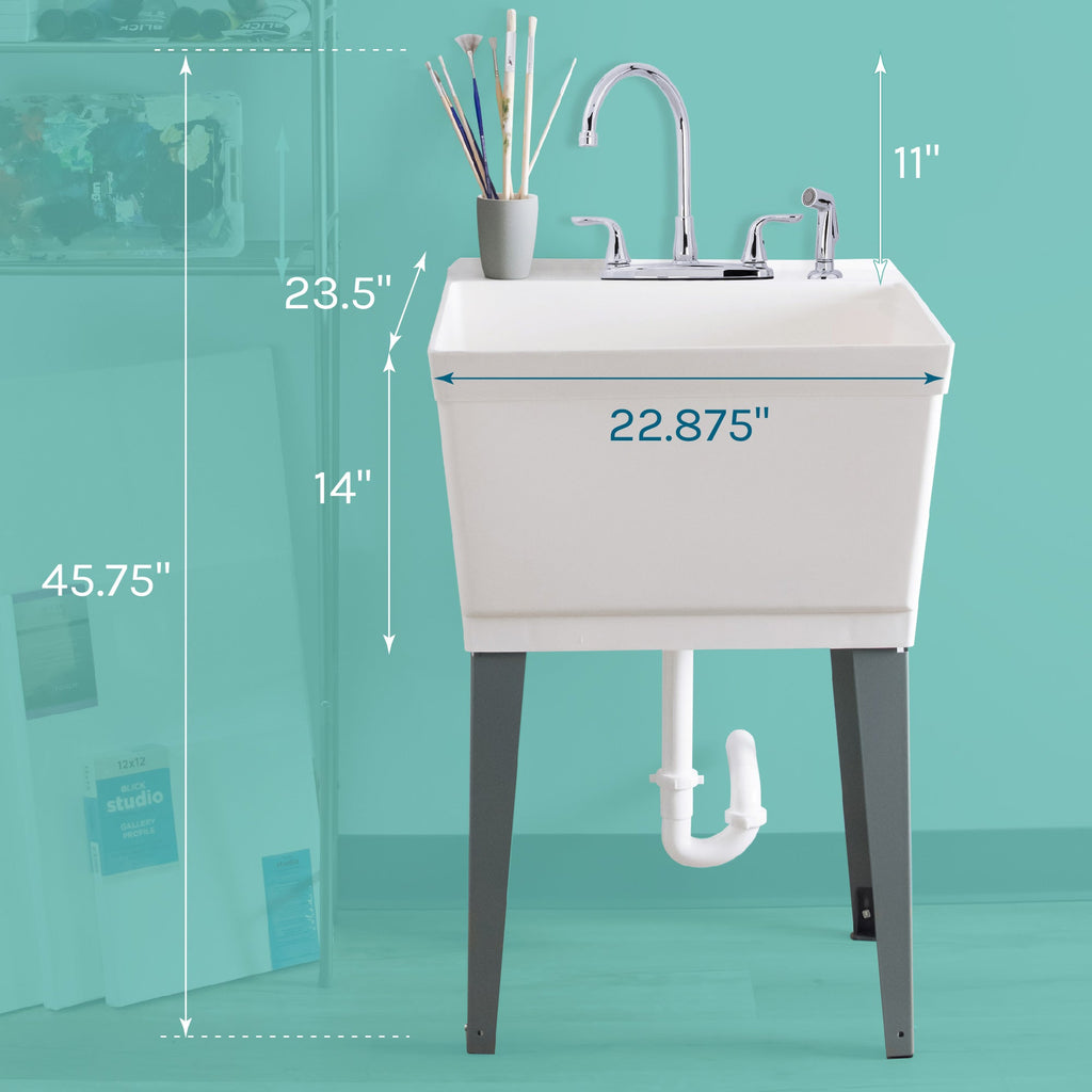Tehila Standard Freestanding White Utility Sink with Grey Legs and Chrome Finish Wide-set Gooseneck Faucet with Side Sprayer