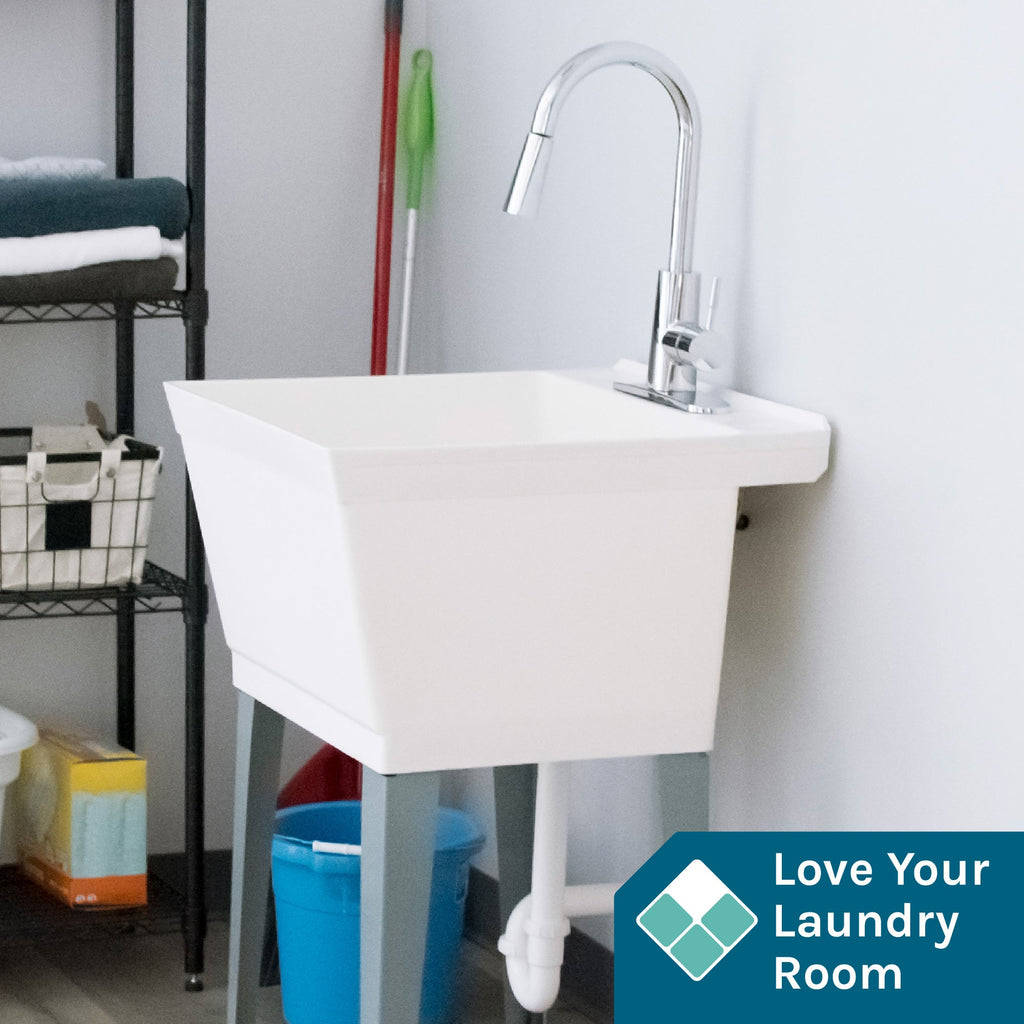 Tehila Standard Freestanding White Utility Sink with Chrome Finish High-Arc Pull-Down Faucet