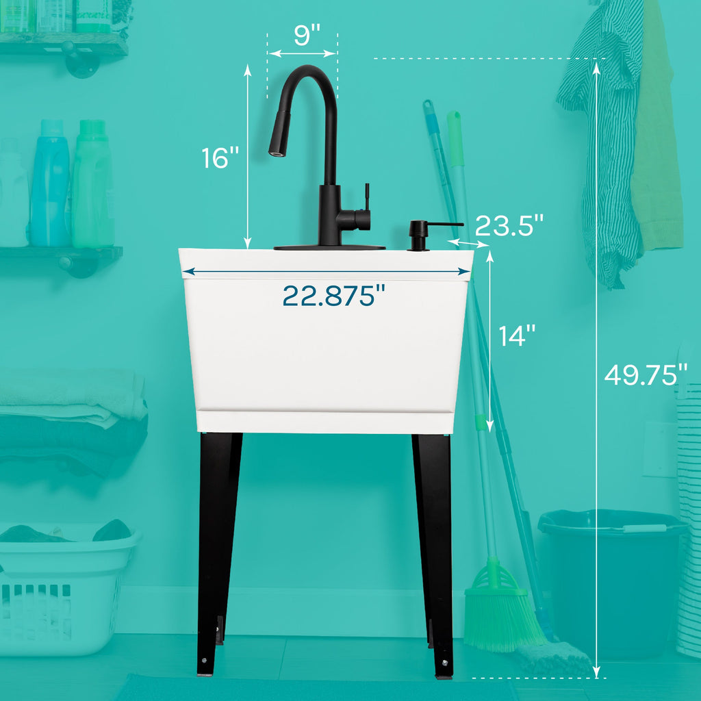 Tehila Standard Freestanding White Utility Sink with Black Finish High-Arc Pull-Down Faucet and Soap Dispenser
