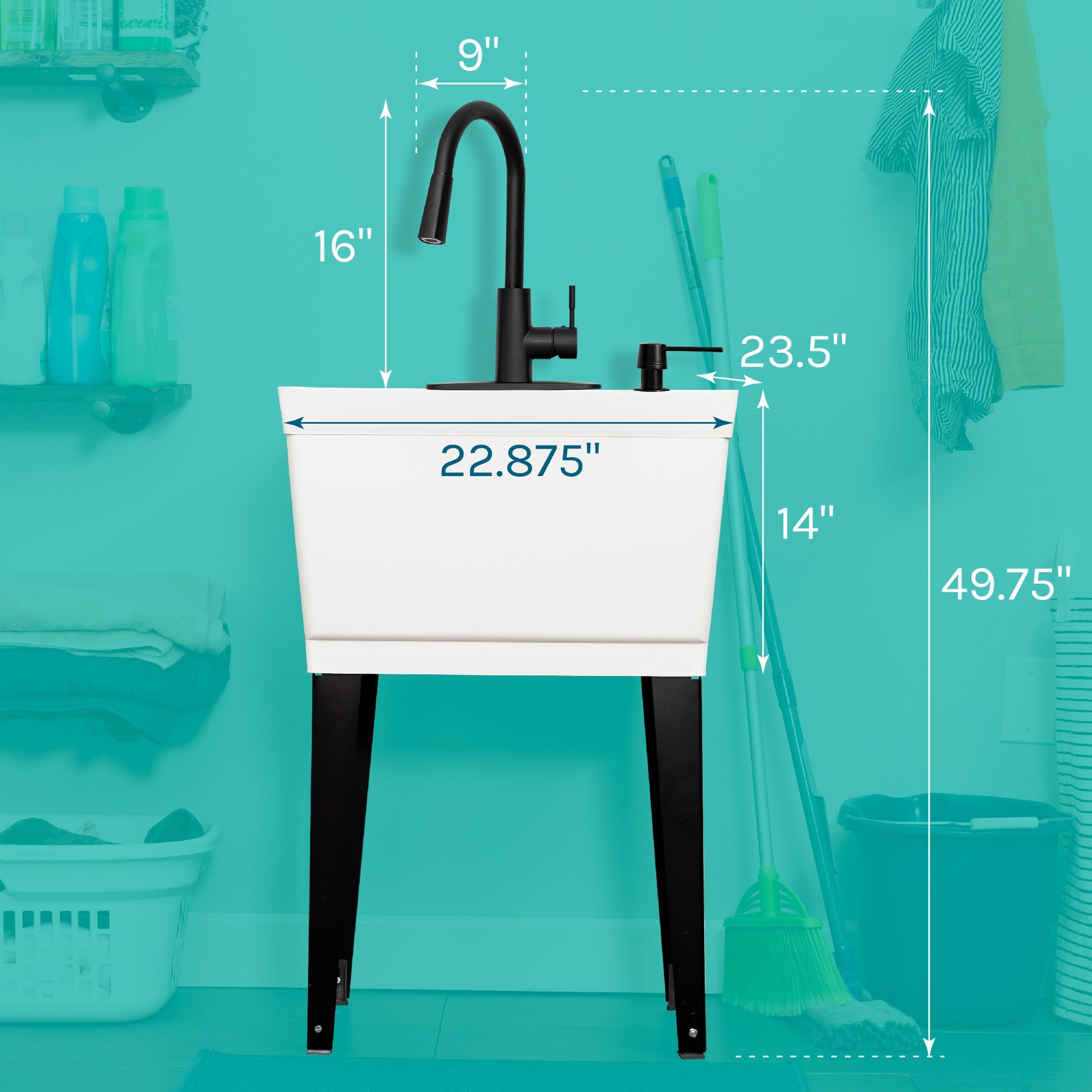 Tehila Standard Freestanding White Utility Sink with Black Finish High-Arc Pull-Down Faucet and Soap Dispenser