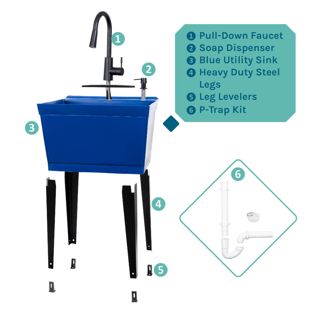 Tehila Standard Freestanding Blue Utility Sink with Black Finish High-Arc Pull-Down Faucet and Soap Dispenser