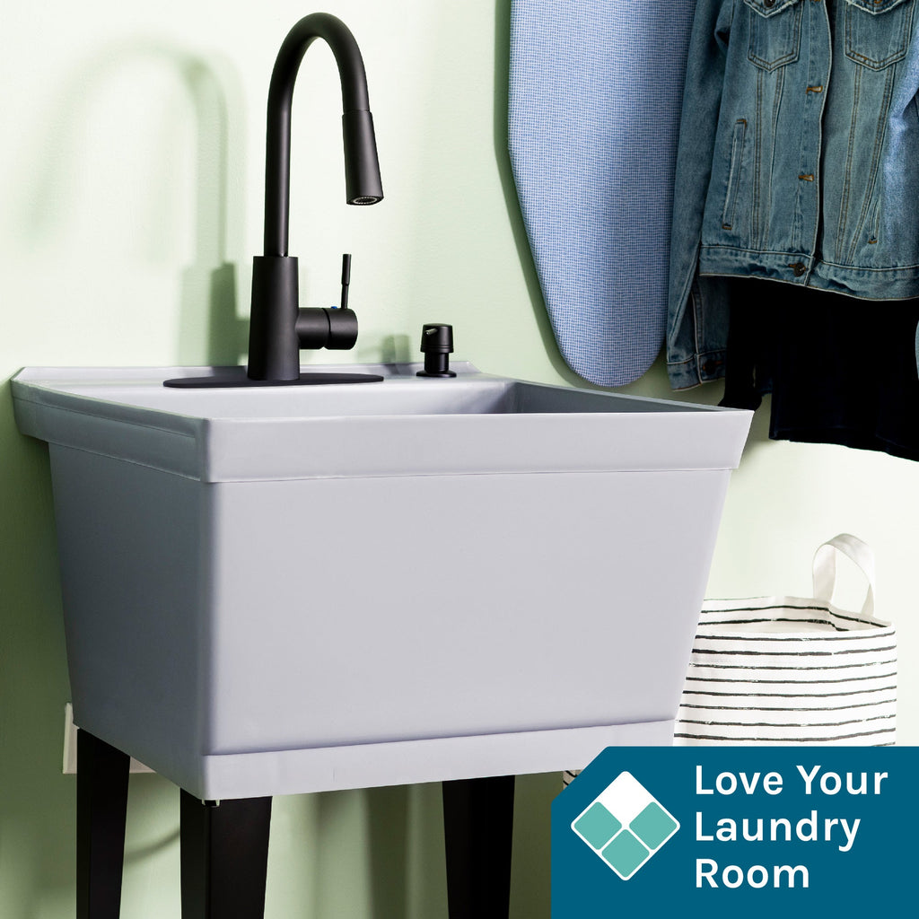 Tehila Standard Freestanding Grey Utility Sink with Black Finish High-Arc Pull-Down Faucet and Soap Dispenser