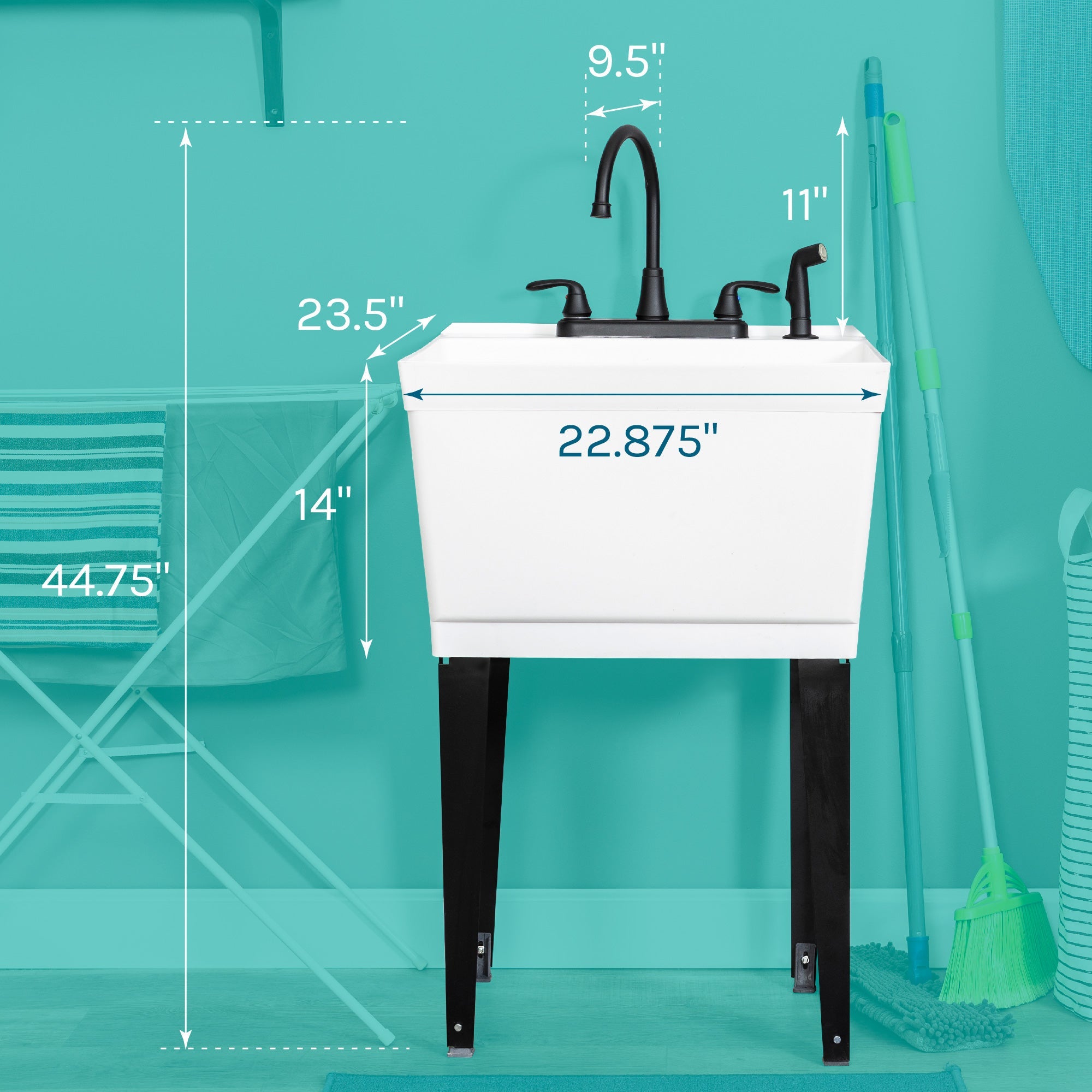 Tehila Standard Freestanding White Utility Sink with Black Legs and Black Finish Wide-set Gooseneck Faucet with Side Sprayer