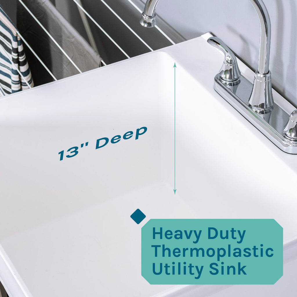 Tehila Standard Freestanding White Utility Sink with Black Legs and Chrome Finish Wide-set Gooseneck Faucet with Side Sprayer