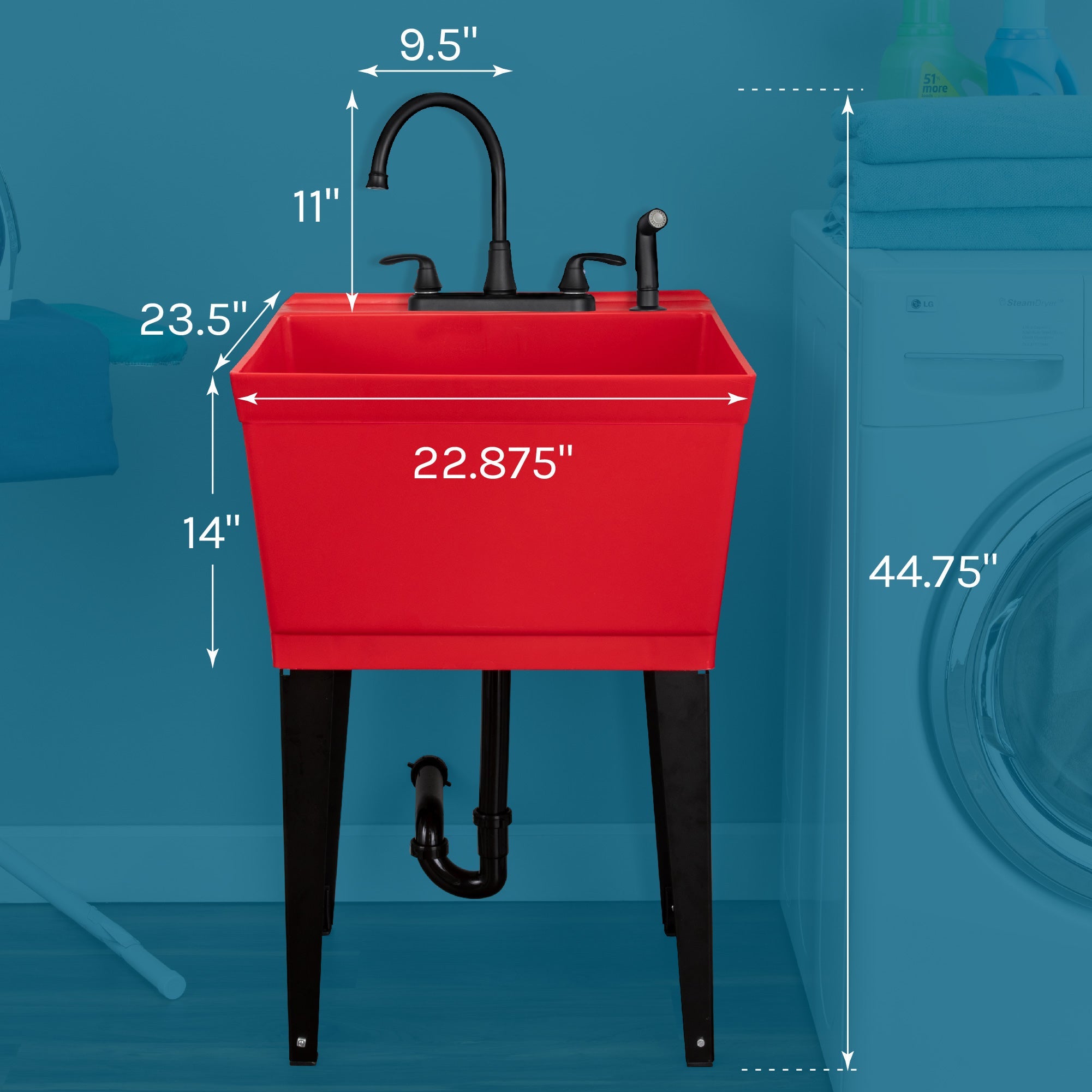 Tehila Standard Freestanding Red Utility Sink with Black Legs and Black Finish Wide-set Gooseneck Faucet with Side Sprayer