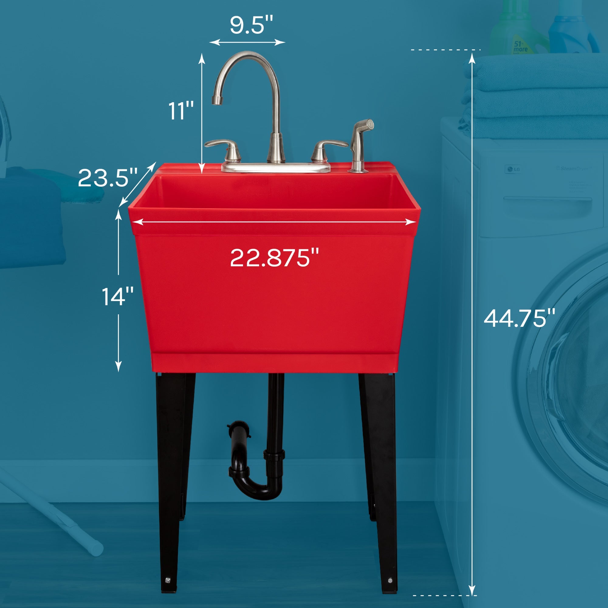 Tehila Standard Freestanding Red Utility Sink with Black Legs and Stainless Steel Finish Wide-set Gooseneck Faucet with Side Sprayer