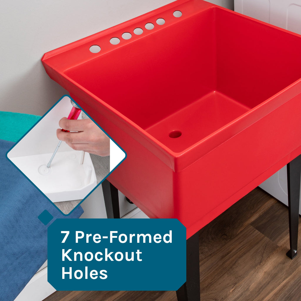 Tehila Standard Freestanding Red Utility Sink with Black Legs and Stainless Steel Finish Wide-set Gooseneck Faucet with Side Sprayer