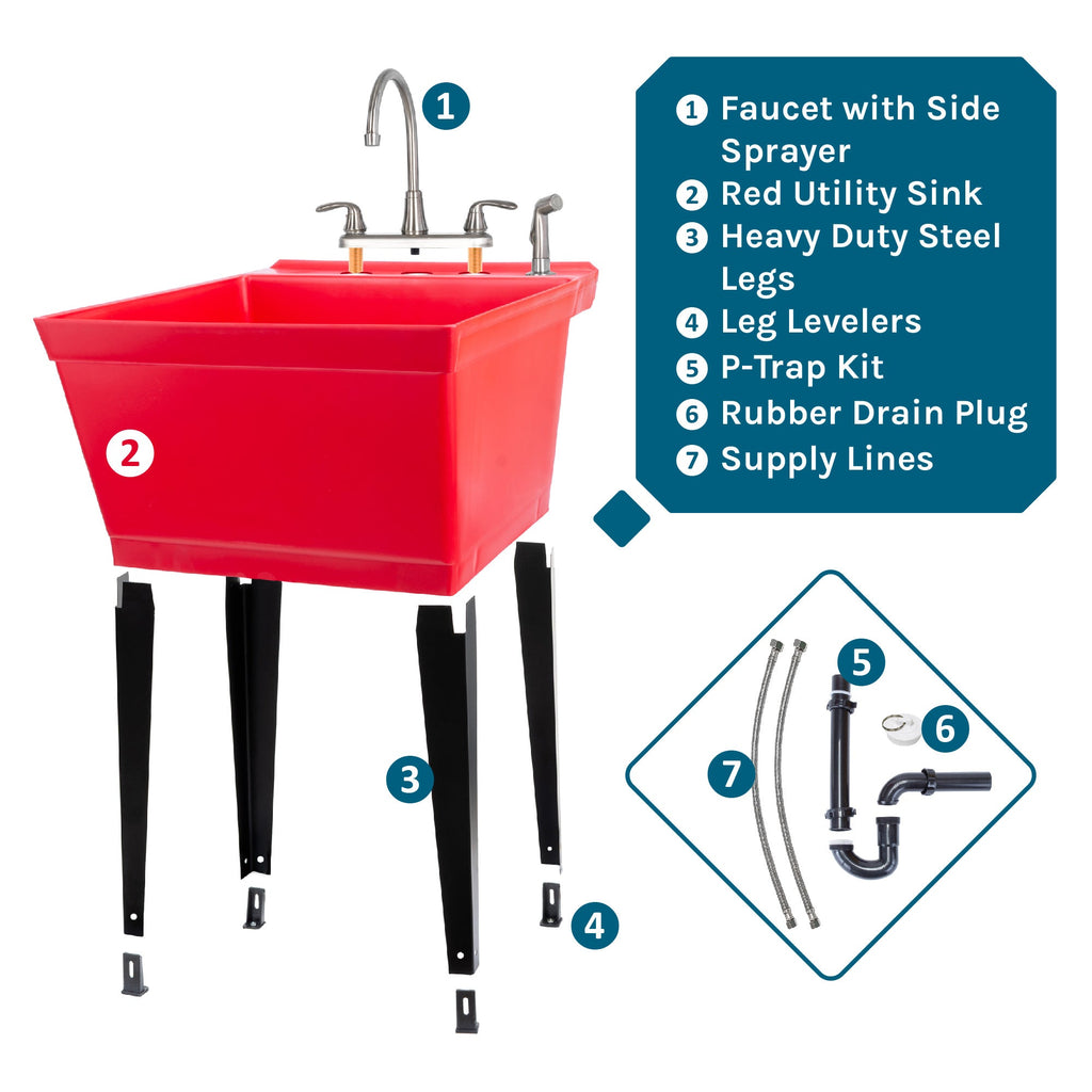 Tehila Standard Freestanding Red Utility Sink with Black Legs and Stainless Steel Finish Wide-set Gooseneck Faucet with Side Sprayer