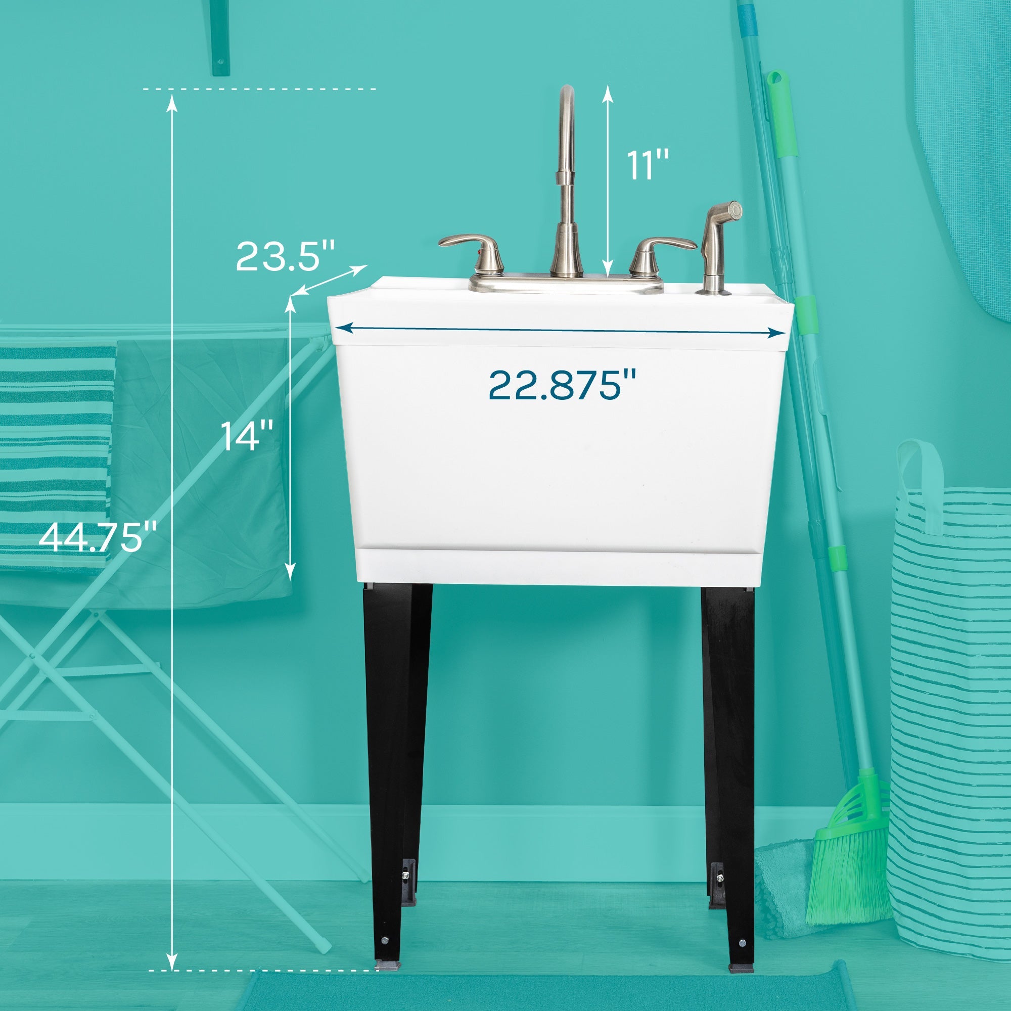 Tehila Standard Freestanding White Utility Sink with Black Legs and Stainless Steel Finish Wide-set Gooseneck Faucet with Side Sprayer