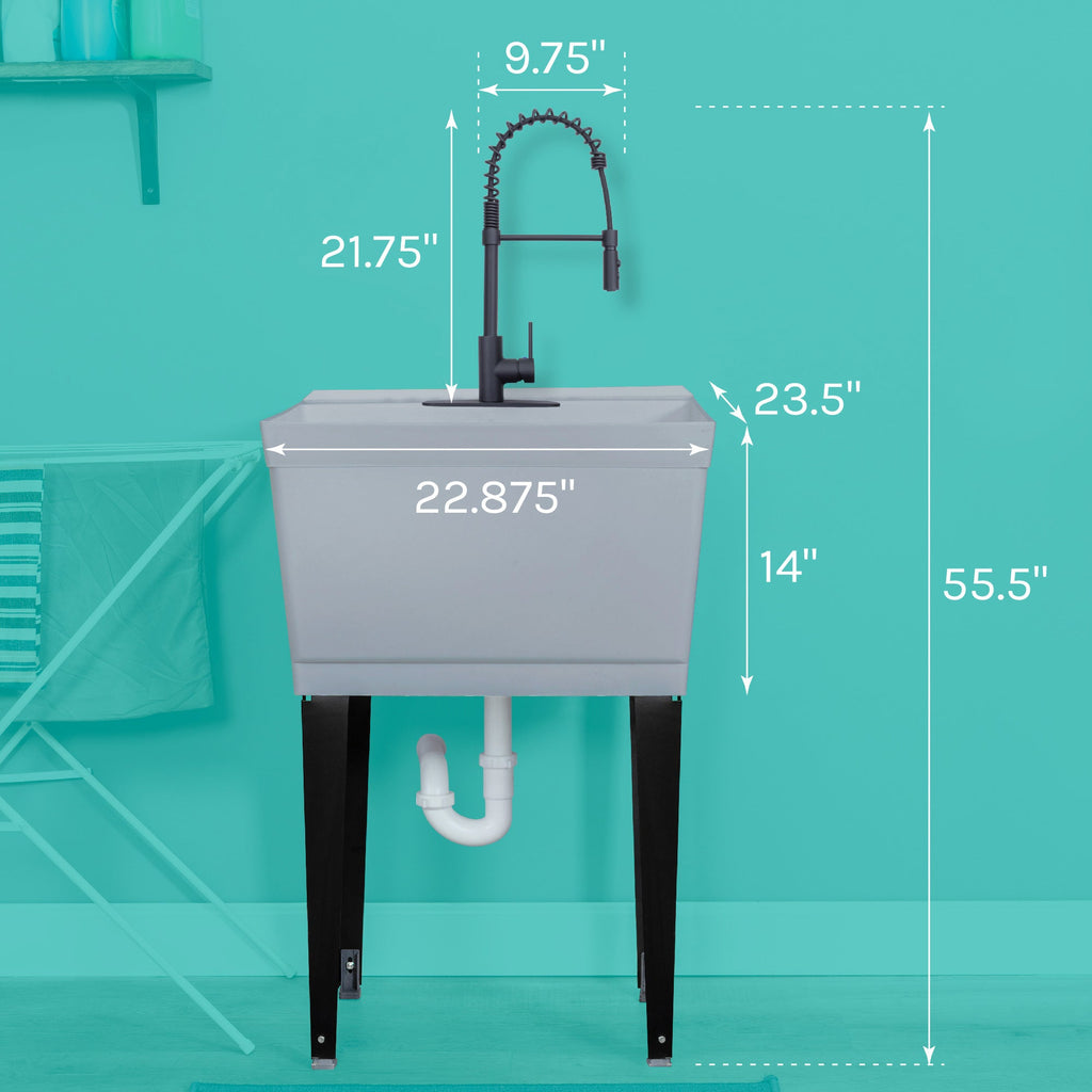 Tehila Standard Freestanding Grey Utility Sink with Black Finish High-Arc Coil Pull-Down Faucet
