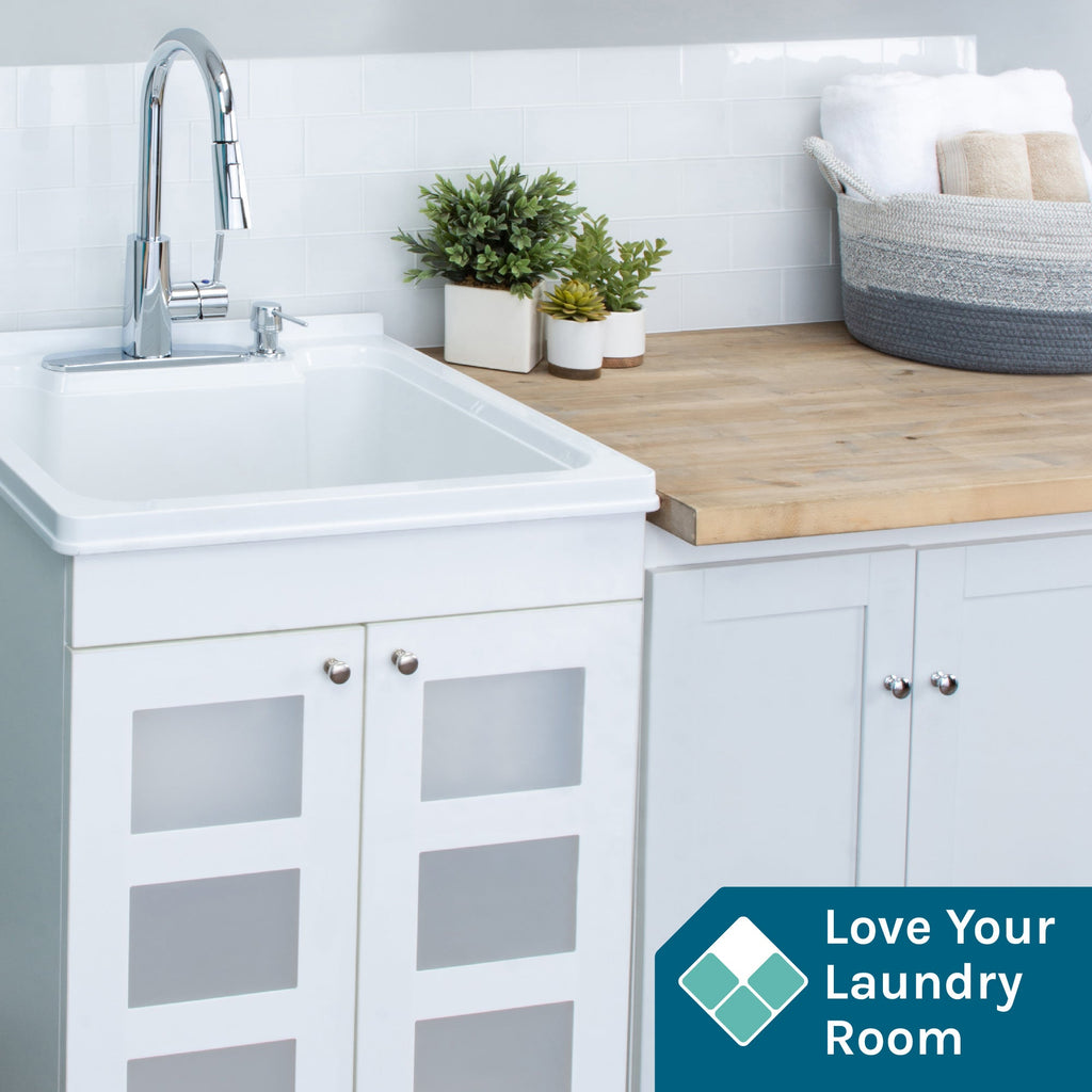 Tehila White Vanity Cabinet and White Utility Sink with Chrome Finish High-Arc Pull-Down Faucet