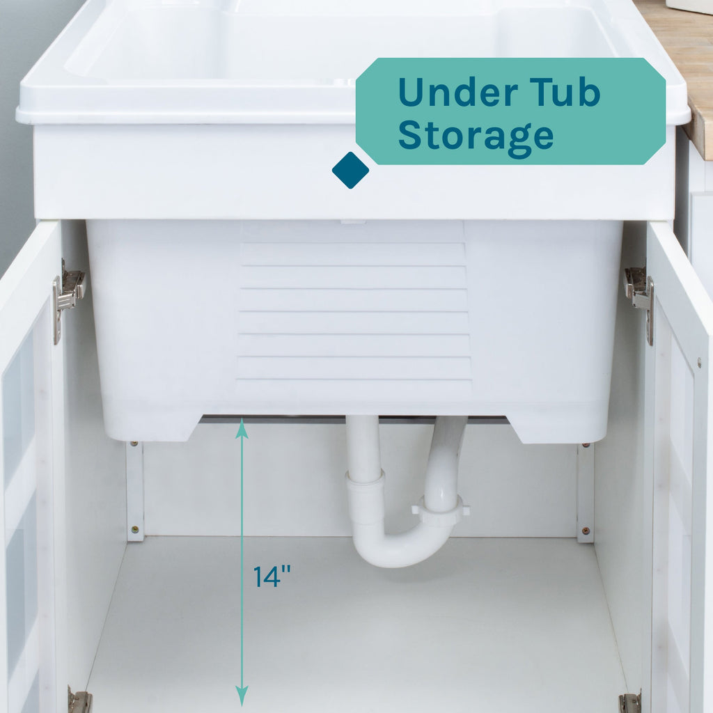Tehila White Vanity Cabinet and White Utility Sink with Stainless Steel Finish High-Arc Pull-Down Faucet