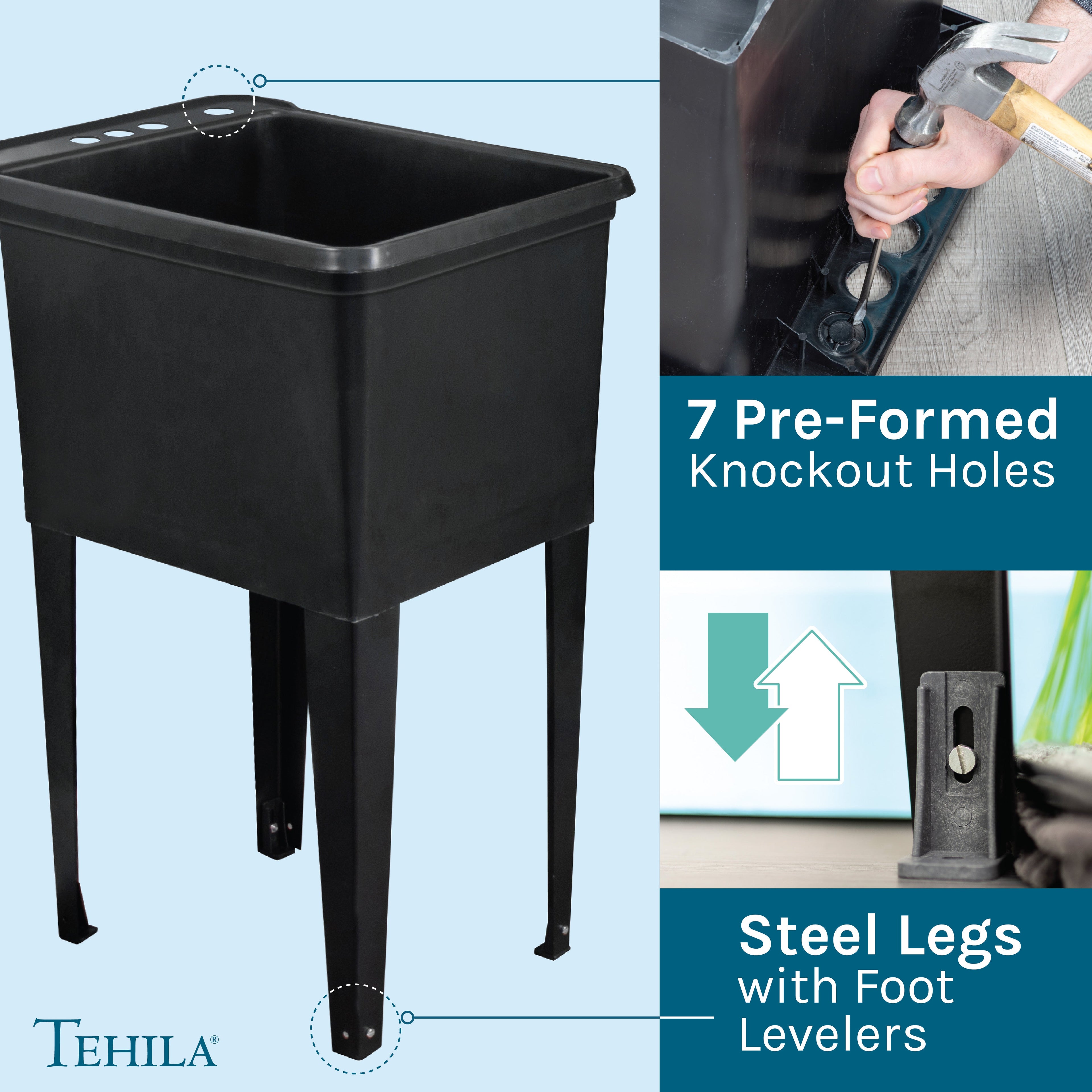 Tehila Space Saver Freestanding Black Utility Sink with Black Finish Pull-Out Faucet
