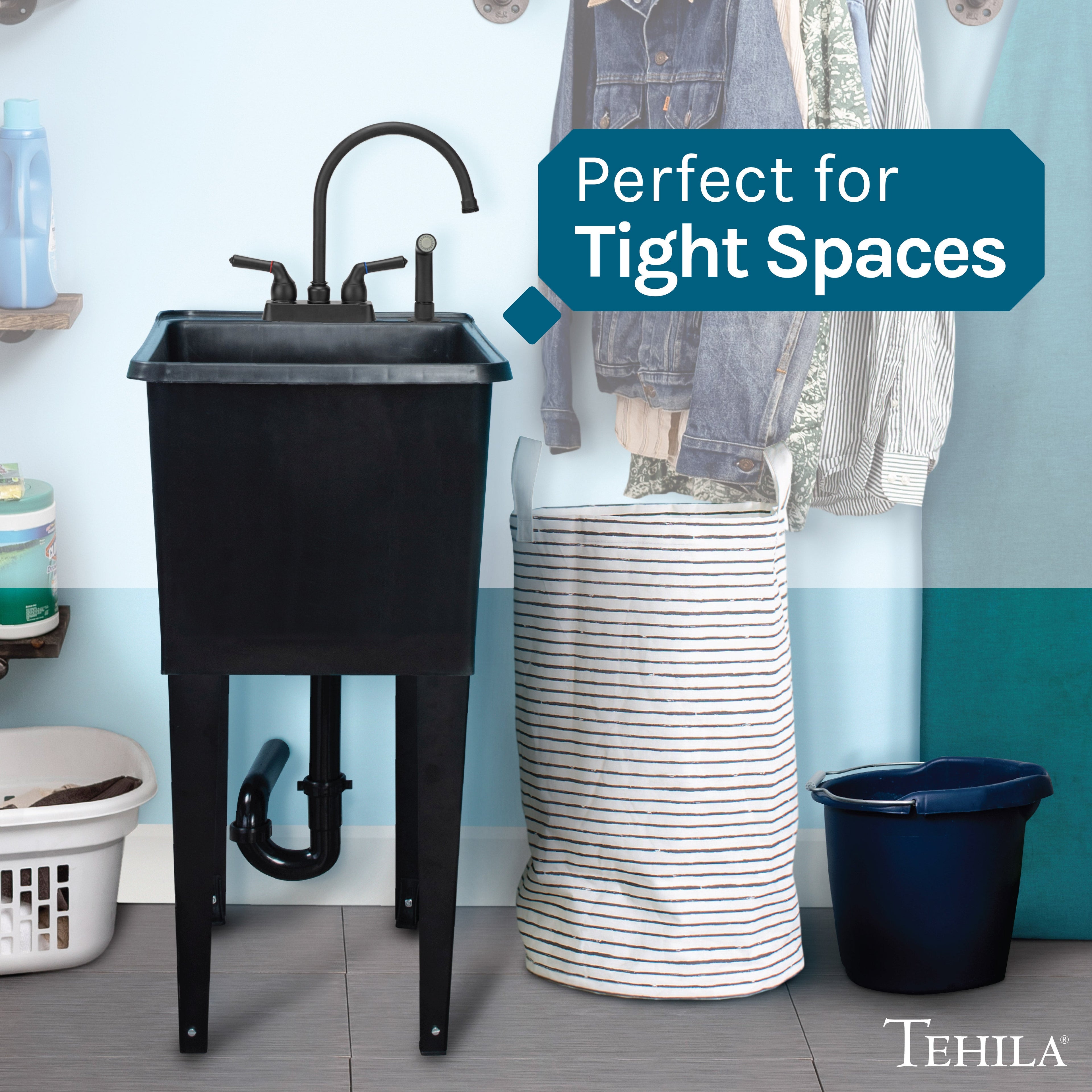 Tehila Space Saver Freestanding Black Utility Sink with Black Finish Gooseneck Faucet and Side Sprayer