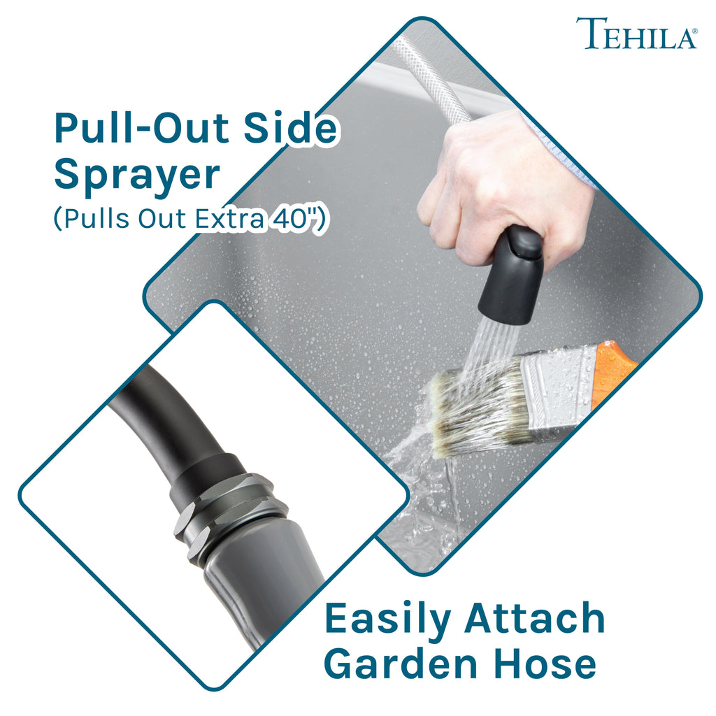 Tehila Space Saver Freestanding Grey Utility Sink with Black Finish Gooseneck Faucet and Side Sprayer