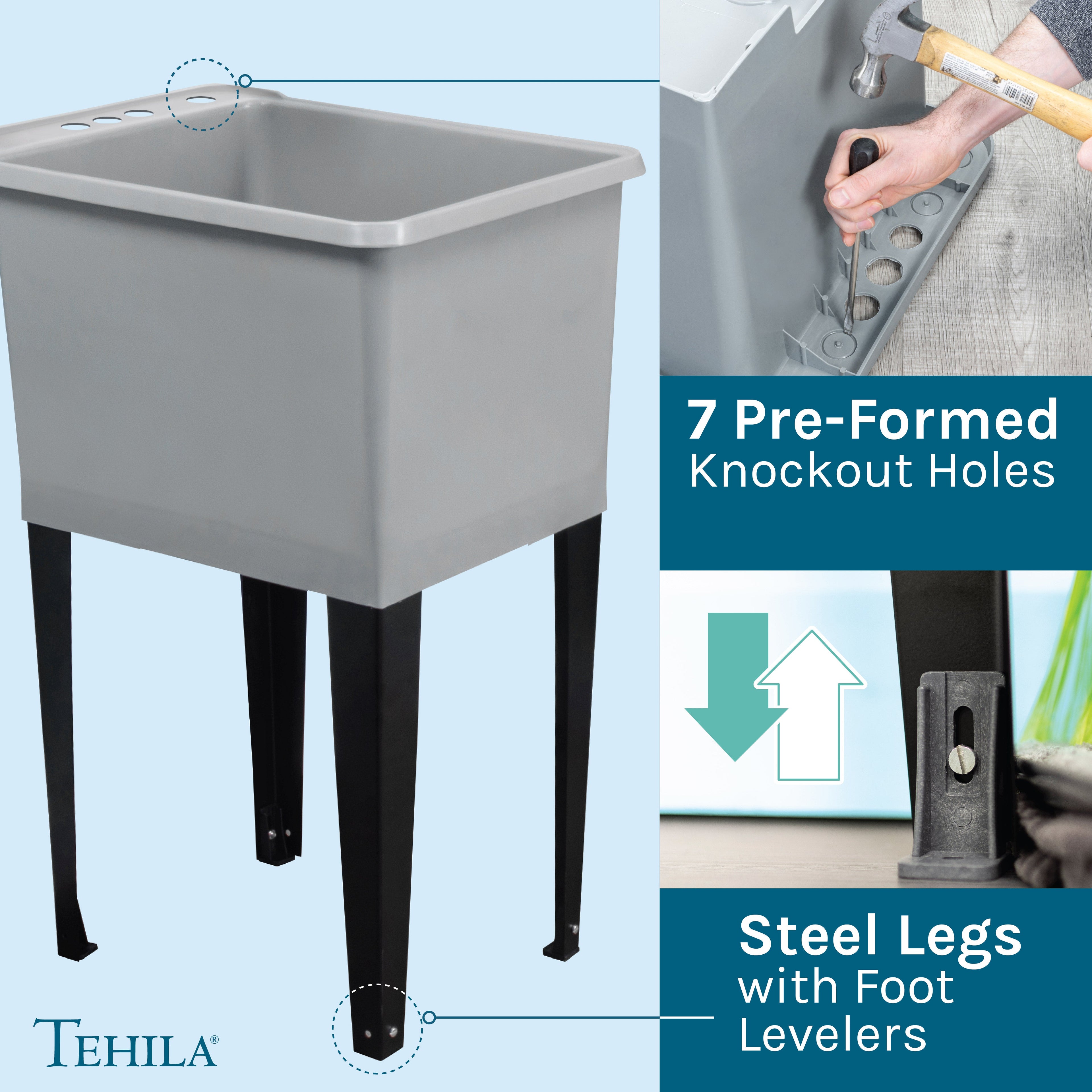 Tehila Space Saver Freestanding Grey Utility Sink with Stainless Steel Finish Gooseneck Faucet and Side Sprayer