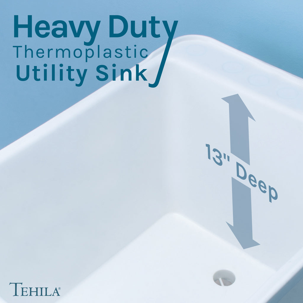 Tehila Space Saver Freestanding White Utility Sink with Chrome Finish Gooseneck Faucet and Side Sprayer