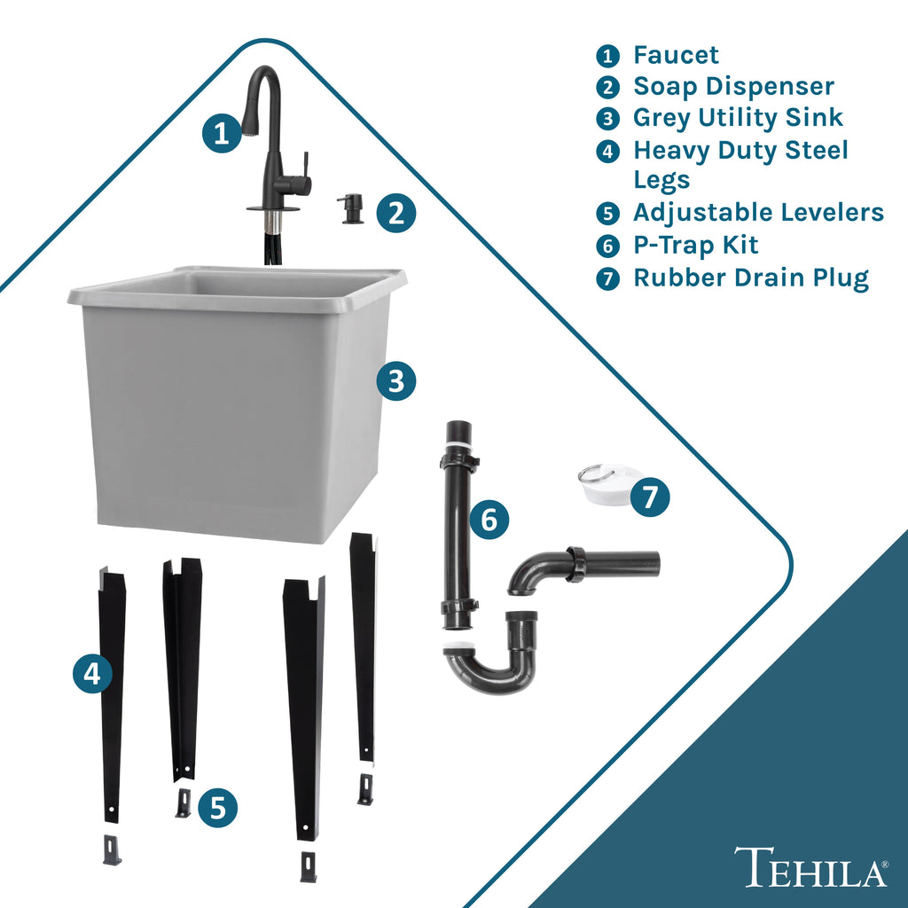 Tehila Space Saver Freestanding Grey Utility Sink with Black Finish Low-Profile Pull-Down Faucet