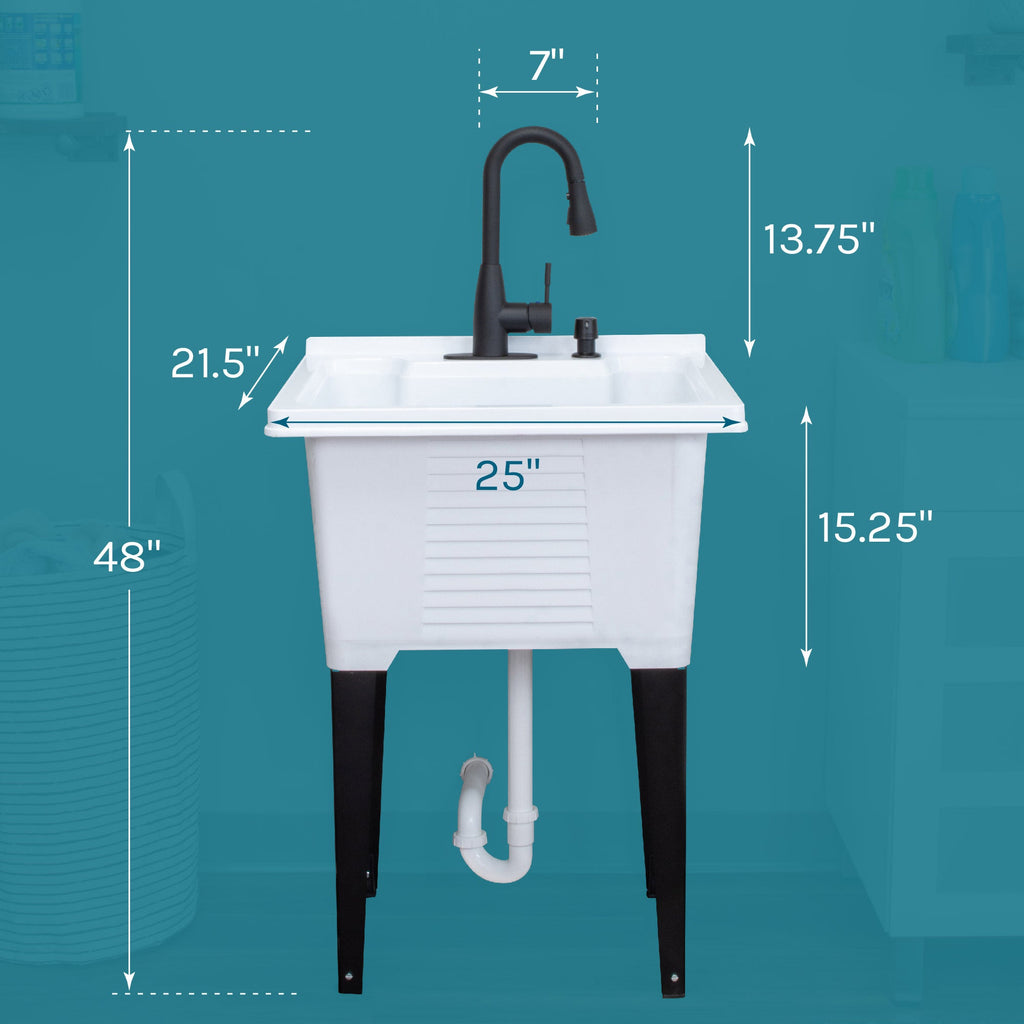 Tehila Luxe Freestanding White Utility Sink with Black Finish Low-Profile Pull-Down Faucet