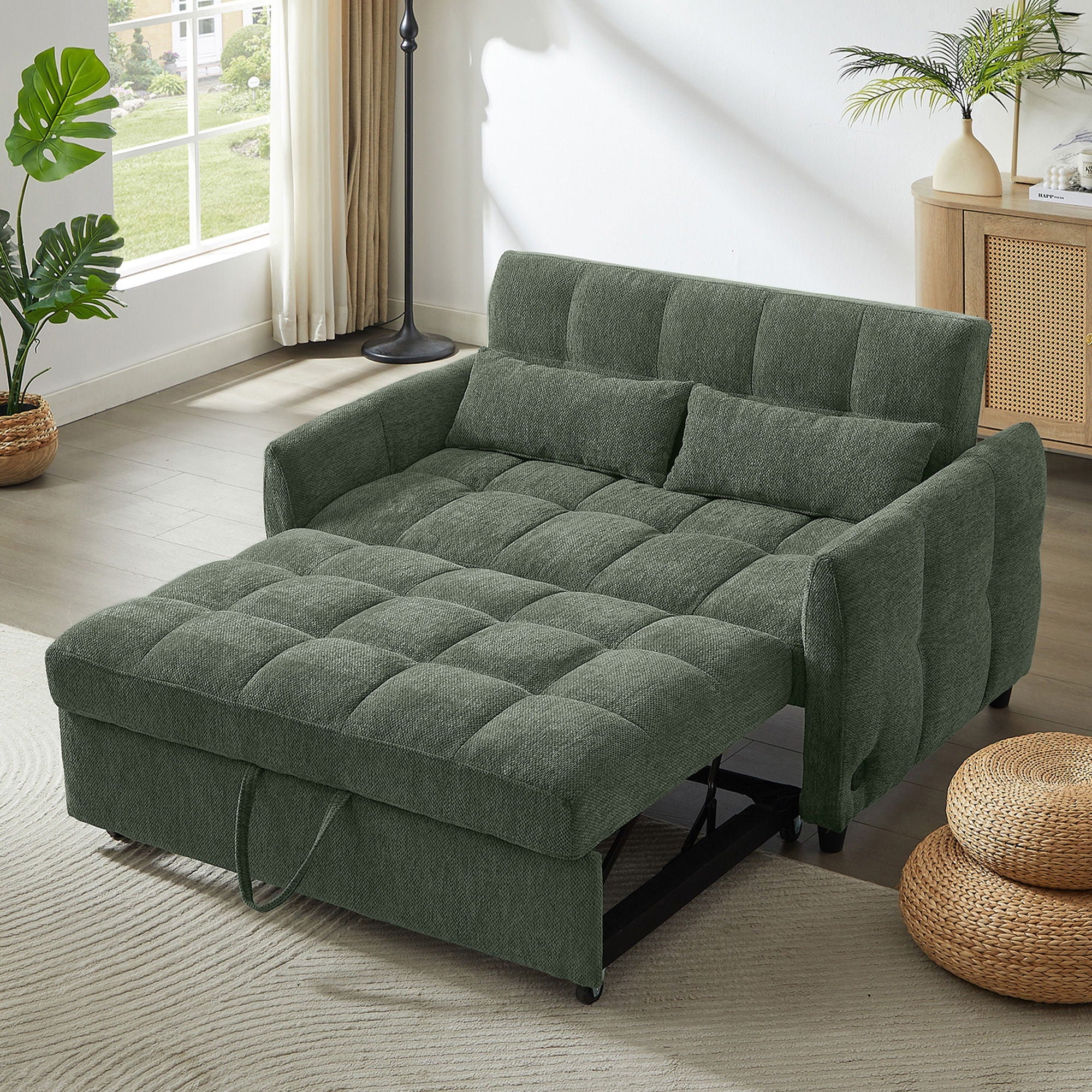 Loveseat Sofa Pull-Out Bed With Adjustable Backrest, 3 USB Ports And 2 Lumbar Pillows For Living Room