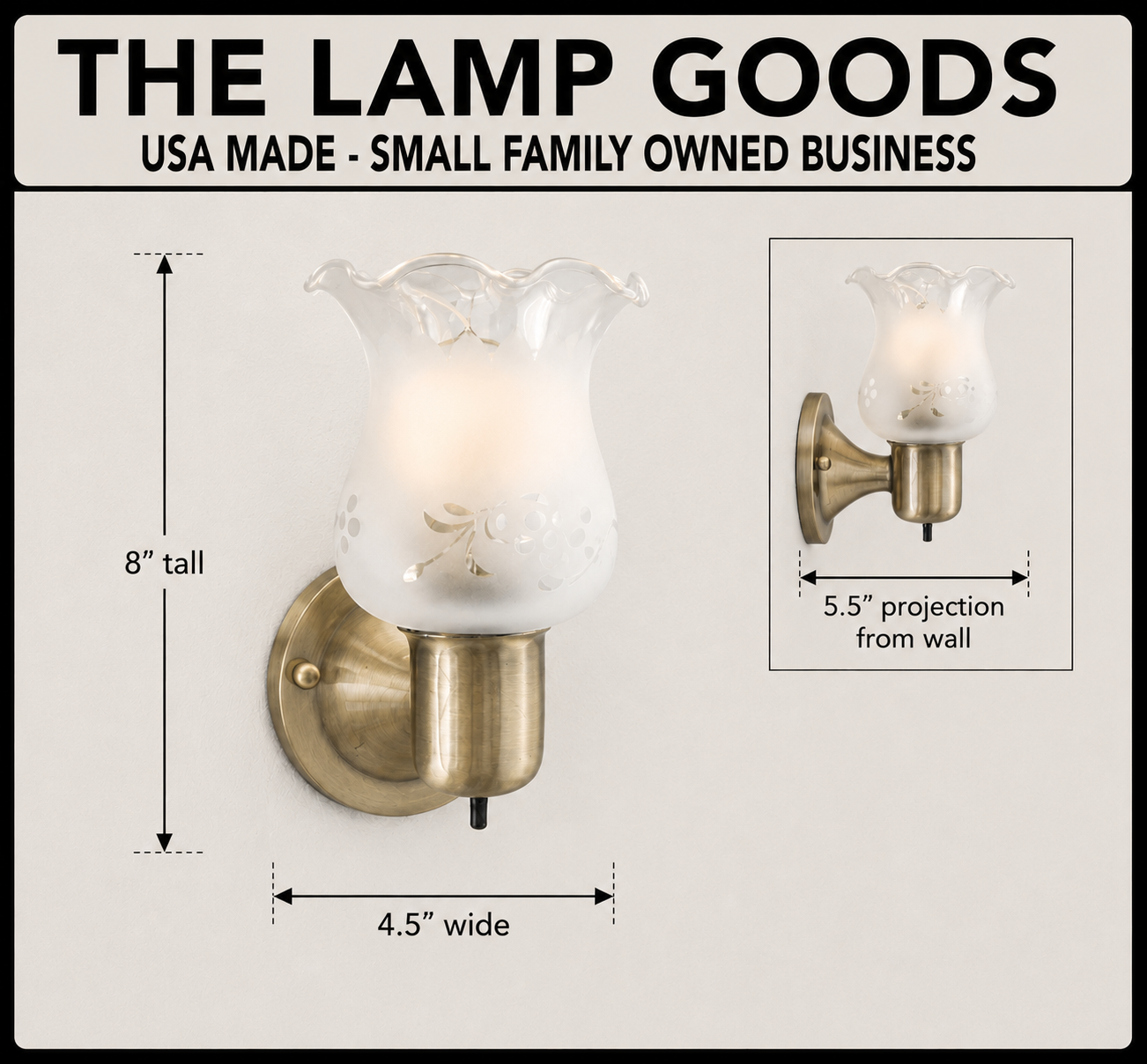 Etched Antique 1960's Glass Wall Sconce Light Fixture with On/Off Switch Antique Brass