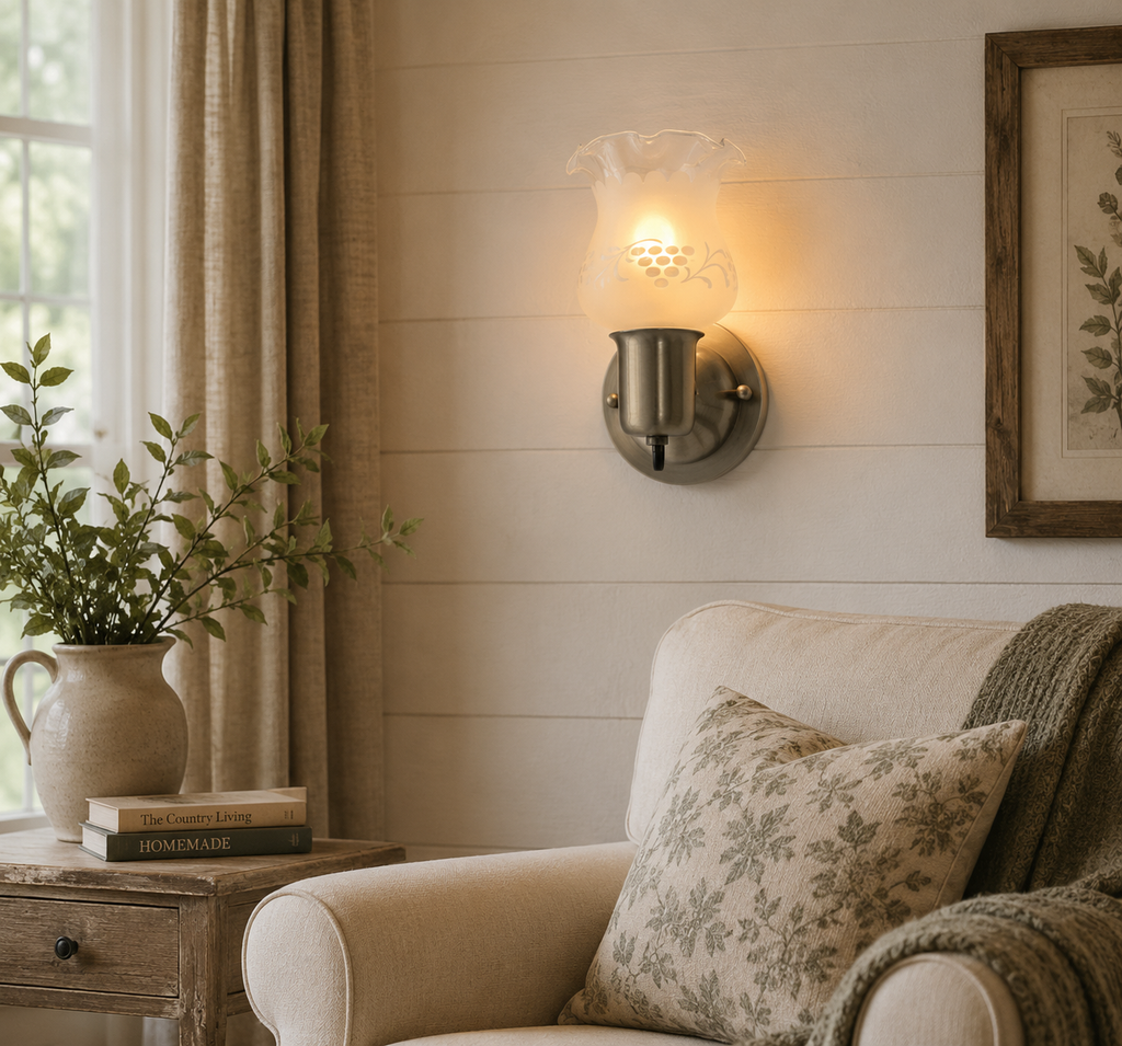 Etched Antique 1960's Glass Wall Sconce Light Fixture with On/Off Switch Antique Brass