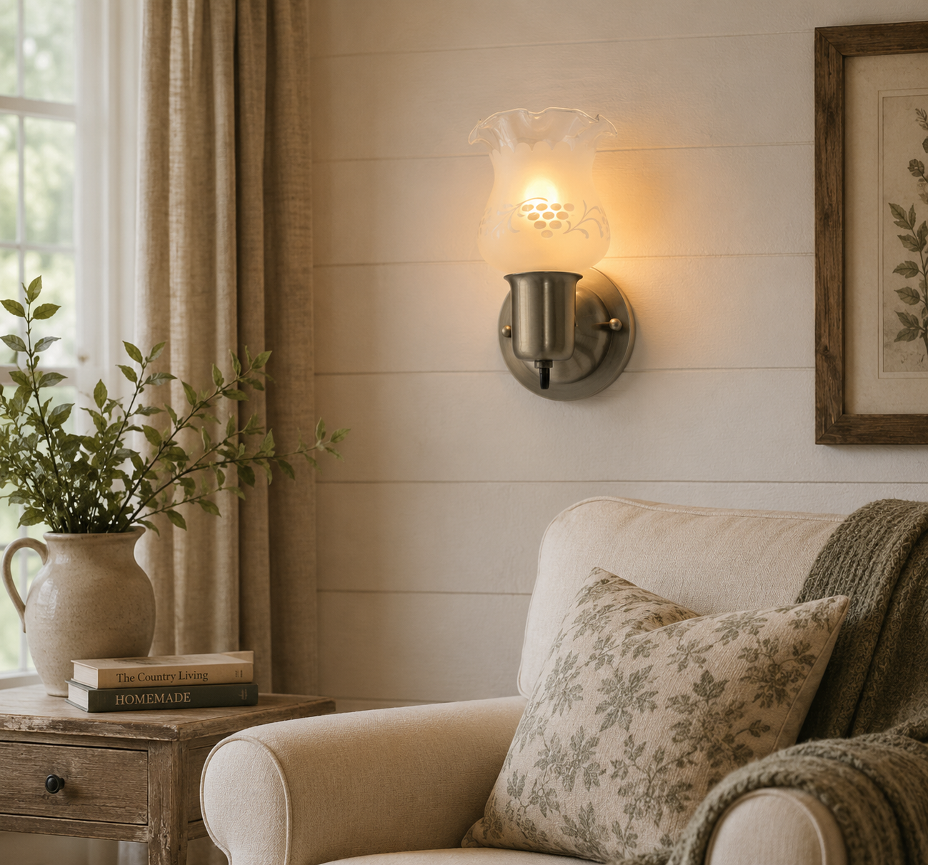 Etched Antique 1960's Glass Wall Sconce Light Fixture with On/Off Switch Antique Brass