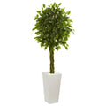 5'Braided Ficus Artificial Tree in White Tower Planter UV Resistant (Indoor/Outdoor)