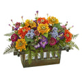 Mixed Floral Artificial Arrangement in Rectangular Wood Planter