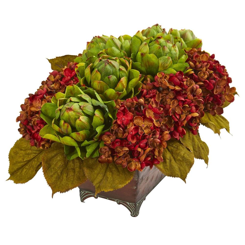 Hydrangea & Artichokes Artificial Arrangement in Metal Planter