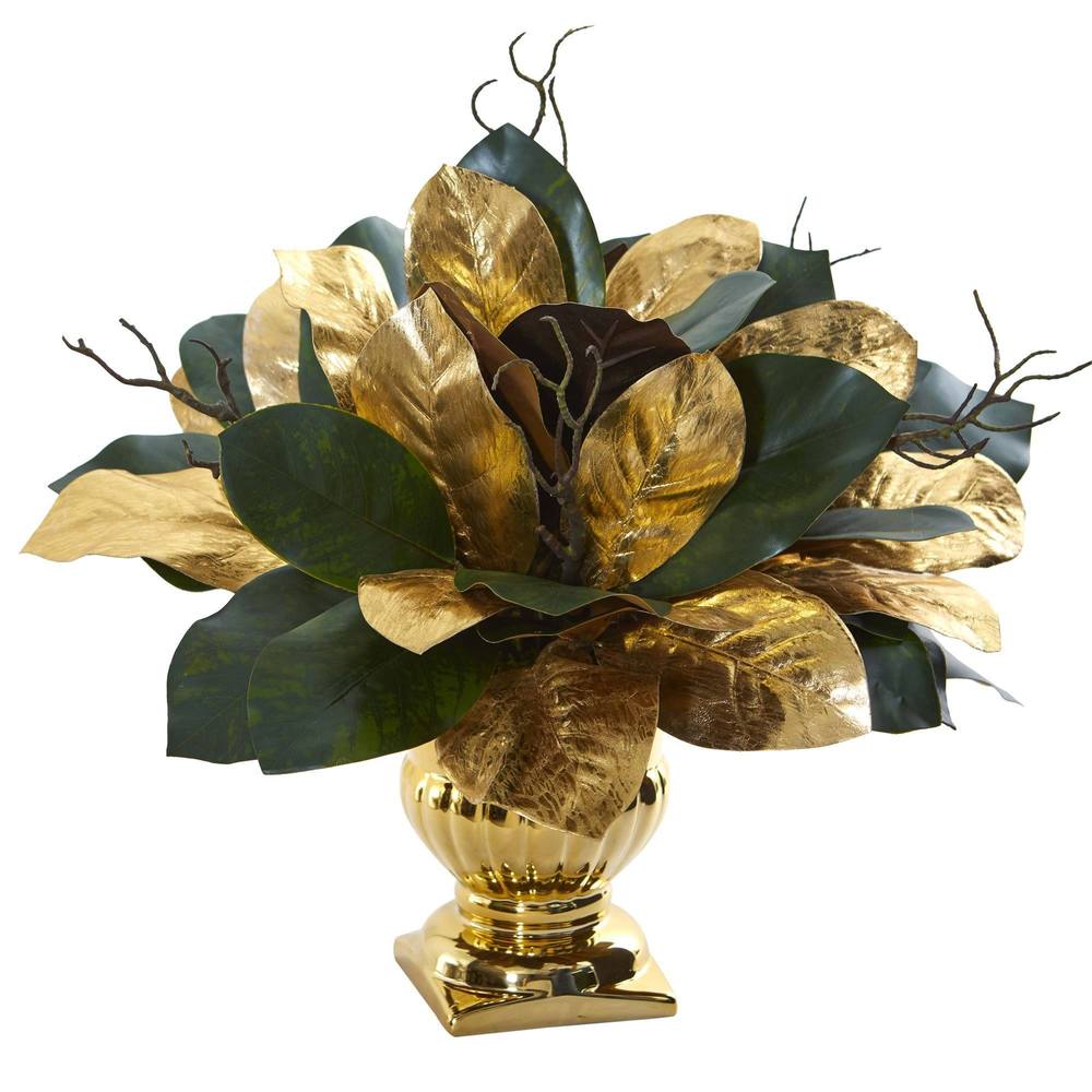 18" Magnolia Leaf Artificial Arrangement in Gold Planter