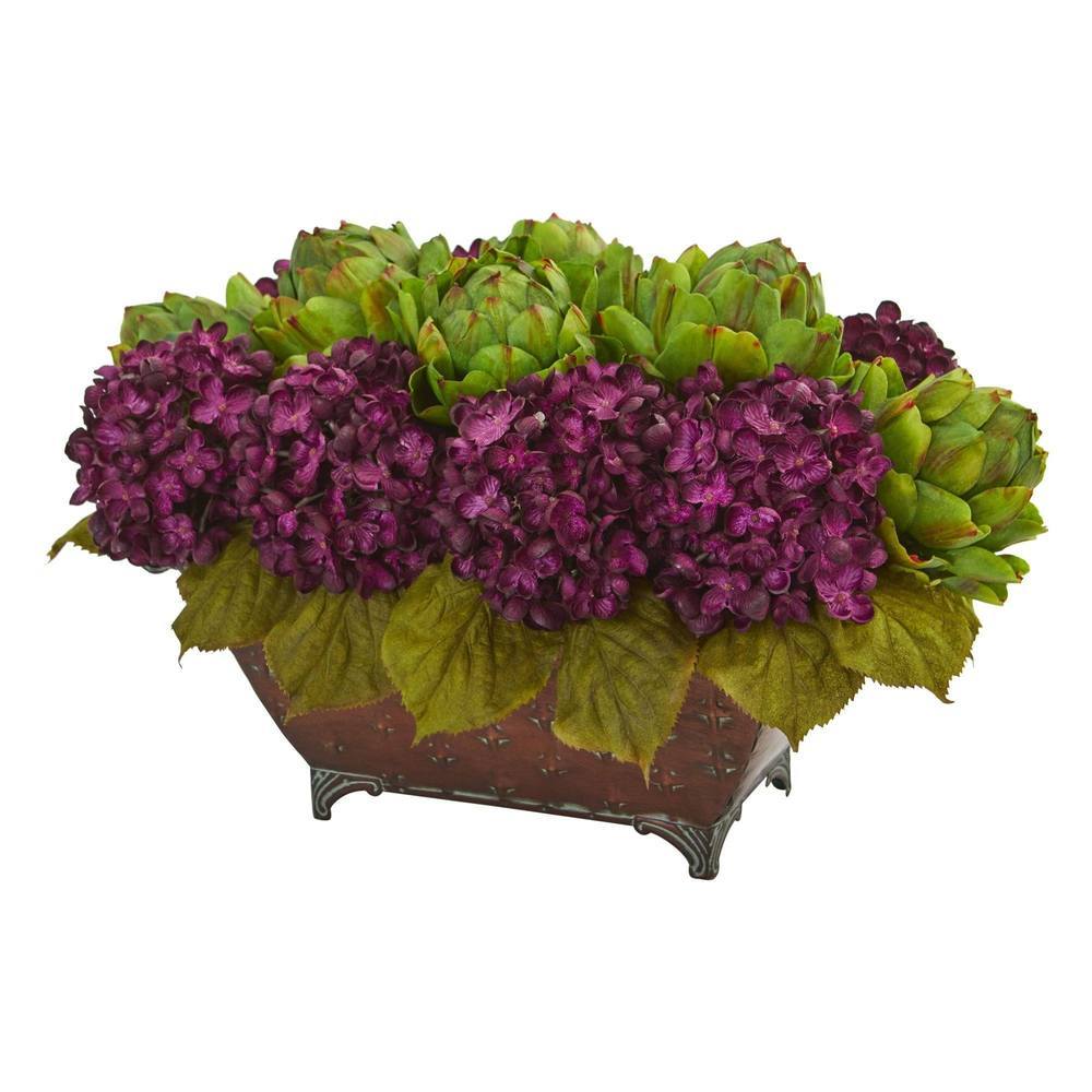 Hydrangea & Artichokes Artificial Arrangement in Metal Planter