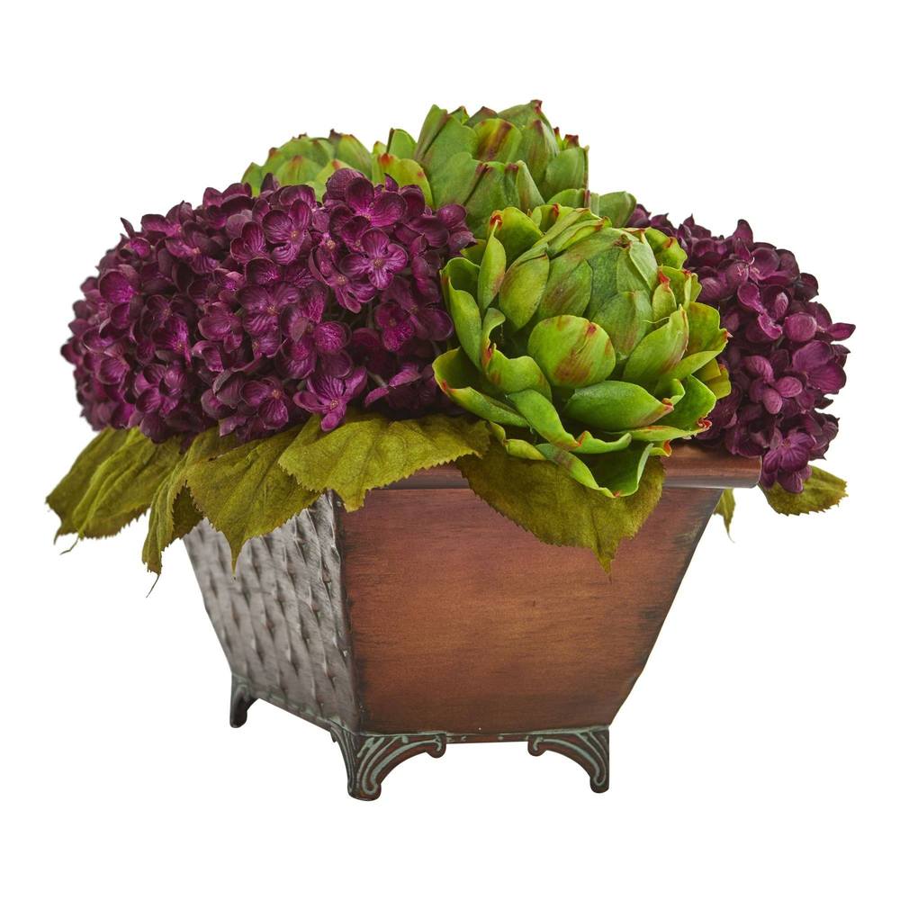 Hydrangea & Artichokes Artificial Arrangement in Metal Planter