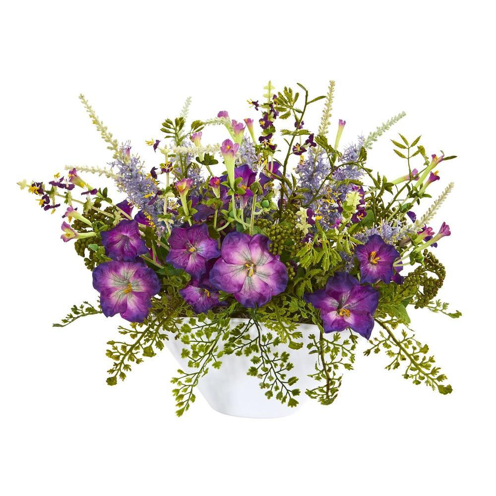 Morning Glory Artificial Arrangement White Vase