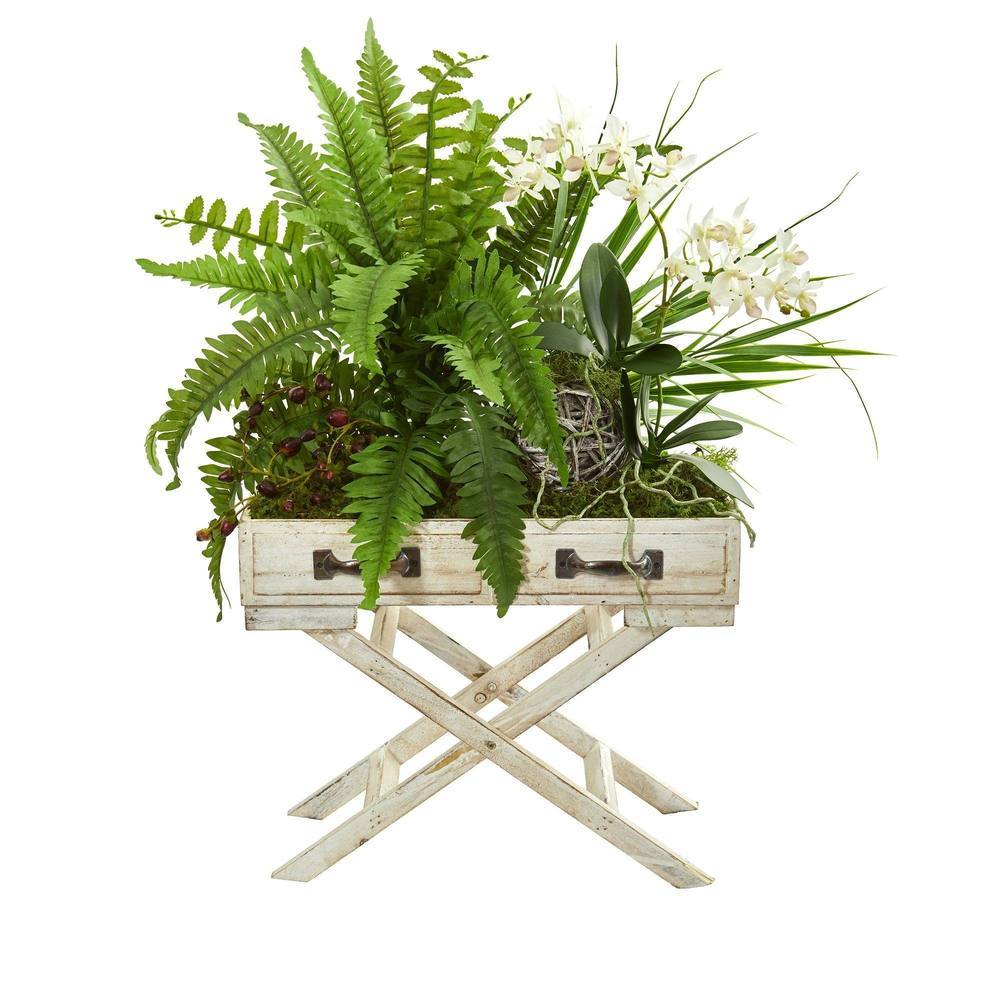 25" Phalaenopsis Orchid, Fern and Mixed Greens Artificial Arrangement in Drawer Planter