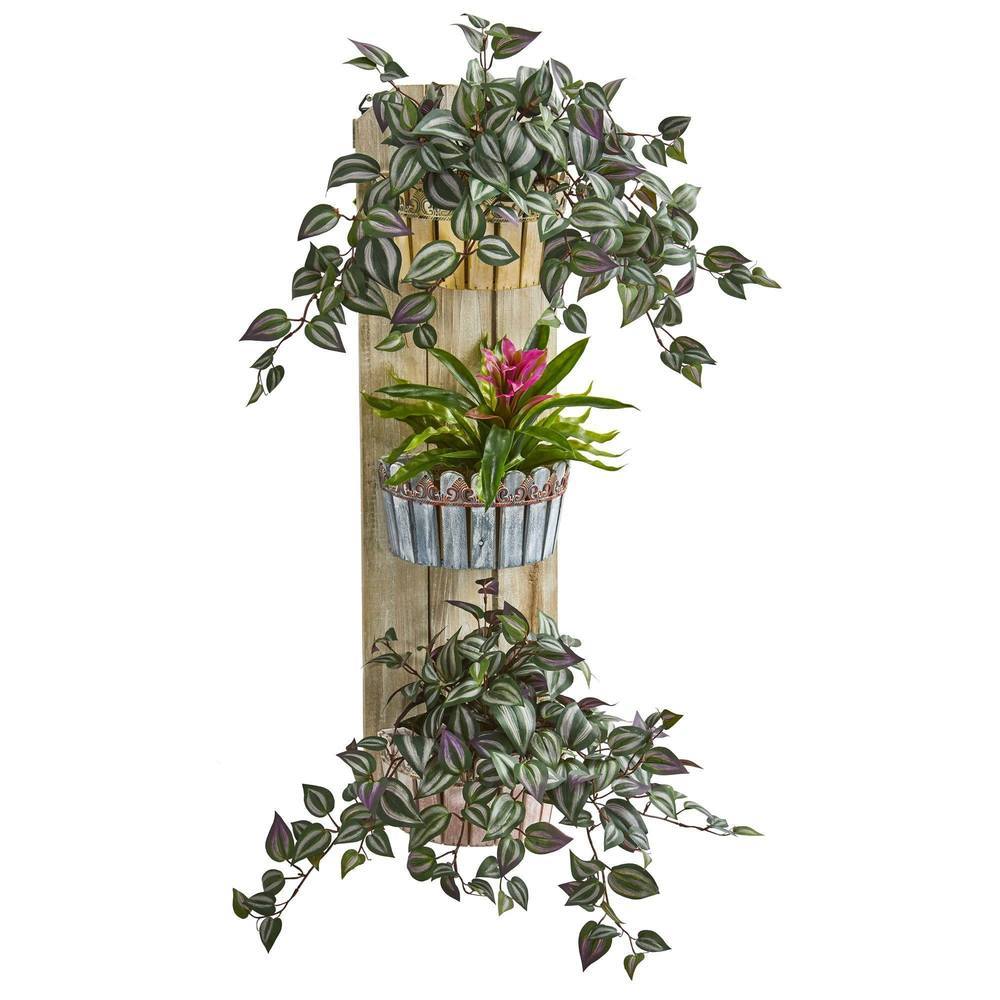 39" Bromeliad and Wandering Jew Artificial Plant in Three-Tiered Wall Decor Planter