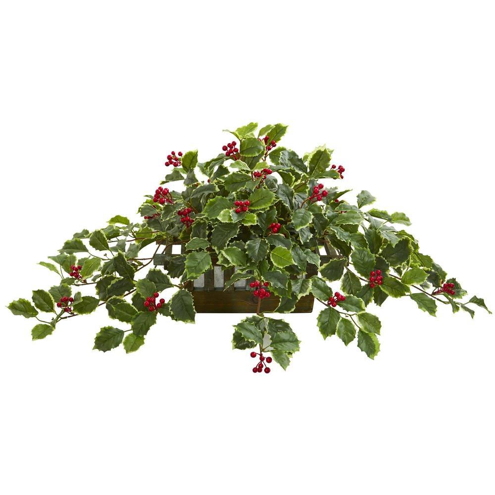 37" Variegated Holly Leaf Artificial Plant in Planter (Real Touch)