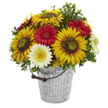 16" Sunflower and Gerber Daisy Artificial Arrangement in Metal Bucket