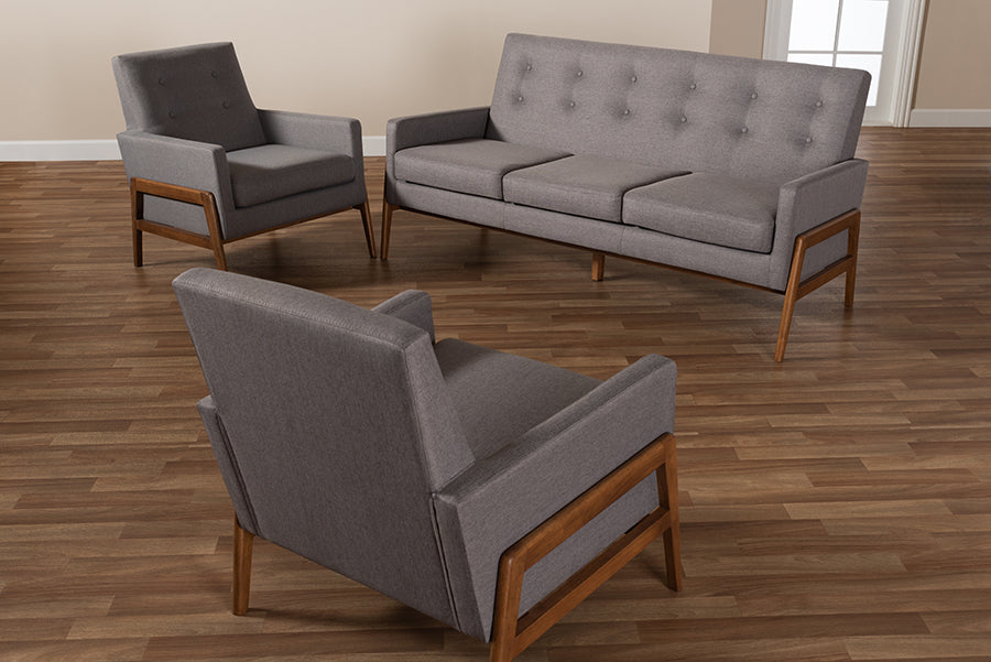 Baxton Studio Perris Mid-Century Modern Light Grey Fabric Upholstered Walnut Finished Wood 3-Piece Living Room Set